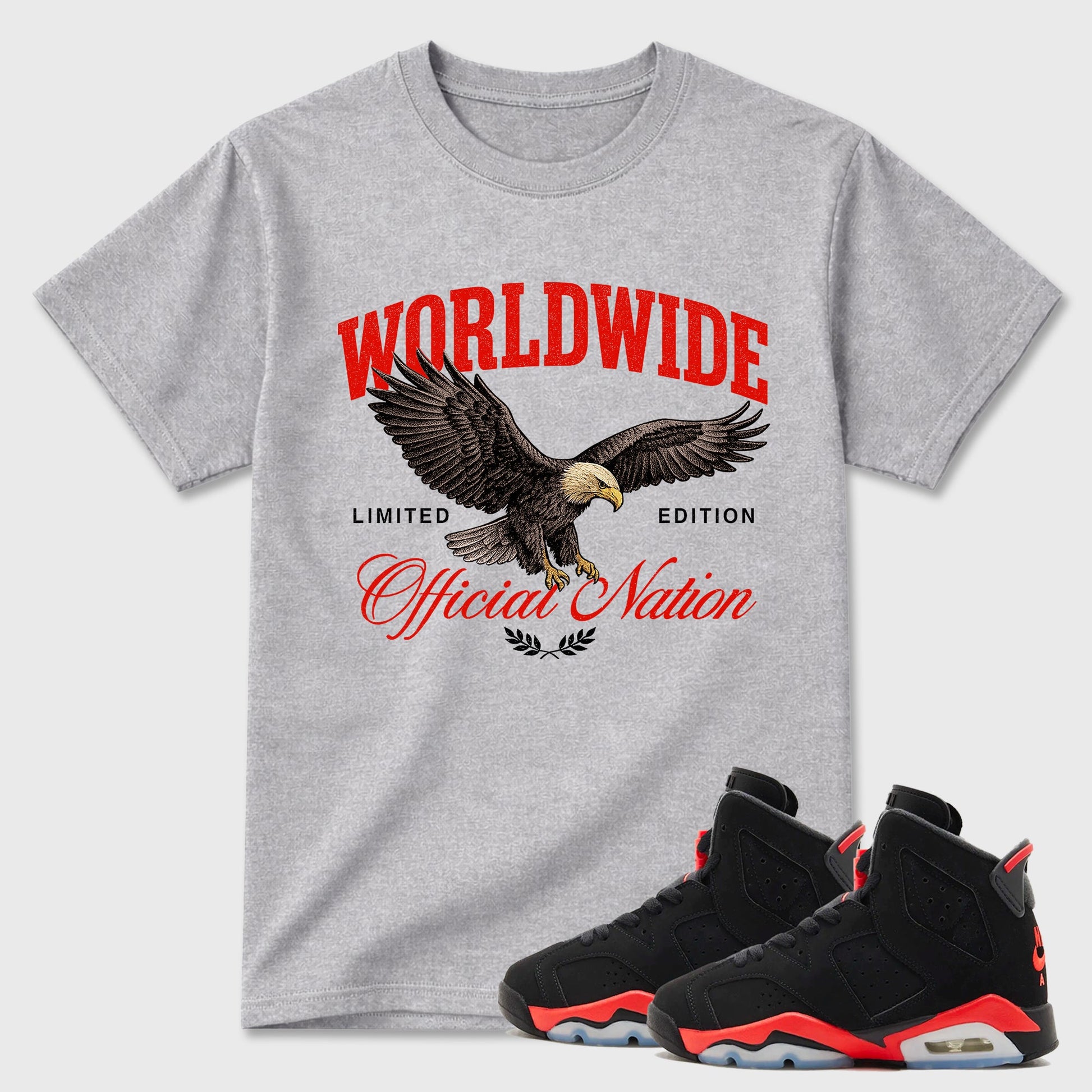 Sneaker outfits graphic tee – Sneaker Tees To Match Air Jordan 6 Infrared Sneakers – Worldwide Official Nation Tee Heather Grey 1