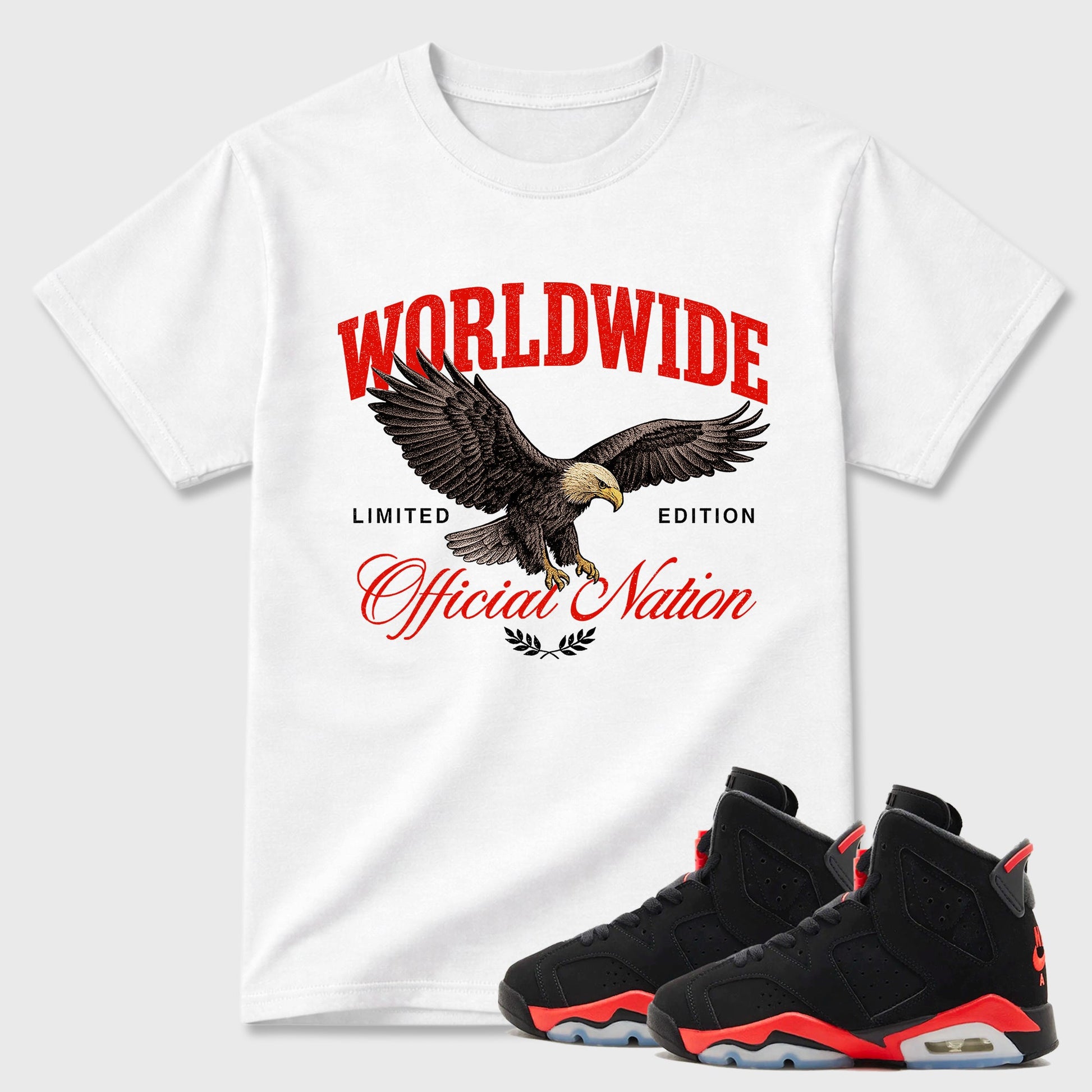 Sneaker outfits graphic tee – Sneaker Tees To Match Air Jordan 6 Infrared Sneakers – Worldwide Official Nation Tee White 1