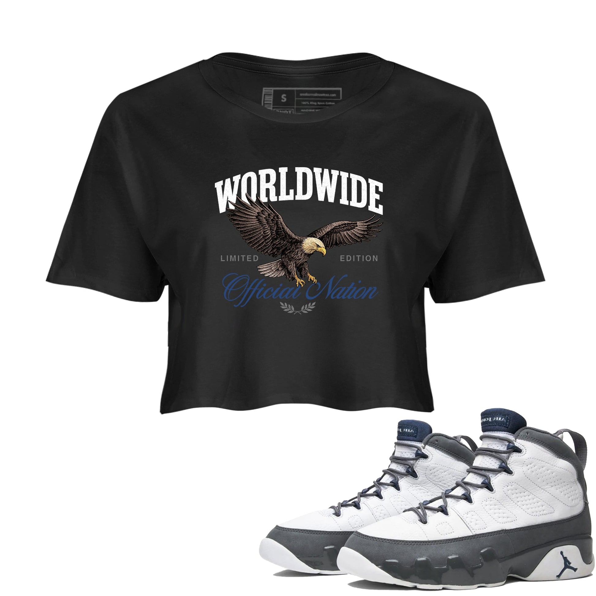 Sneaker match tees – Sneaker Tees To Match Air Jordan 9 Flint Grey Shoes – Worldwide Official Nation Crop T-Shirt Black 1