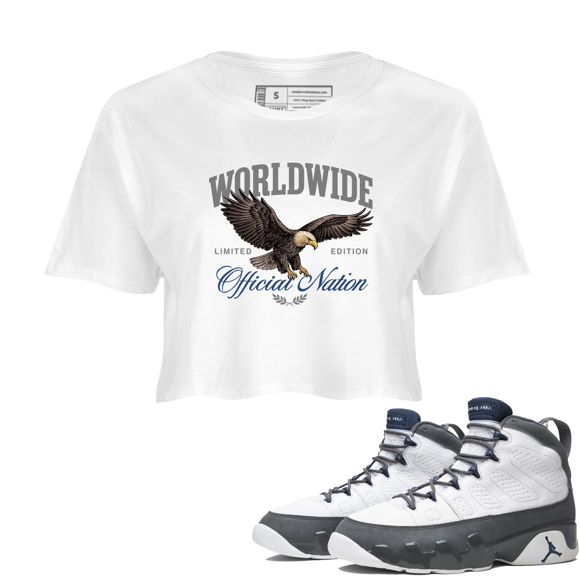 Sneaker match tees – Sneaker Tees To Match Air Jordan 9 Flint Grey Shoes – Worldwide Official Nation Crop T-Shirt White 1
