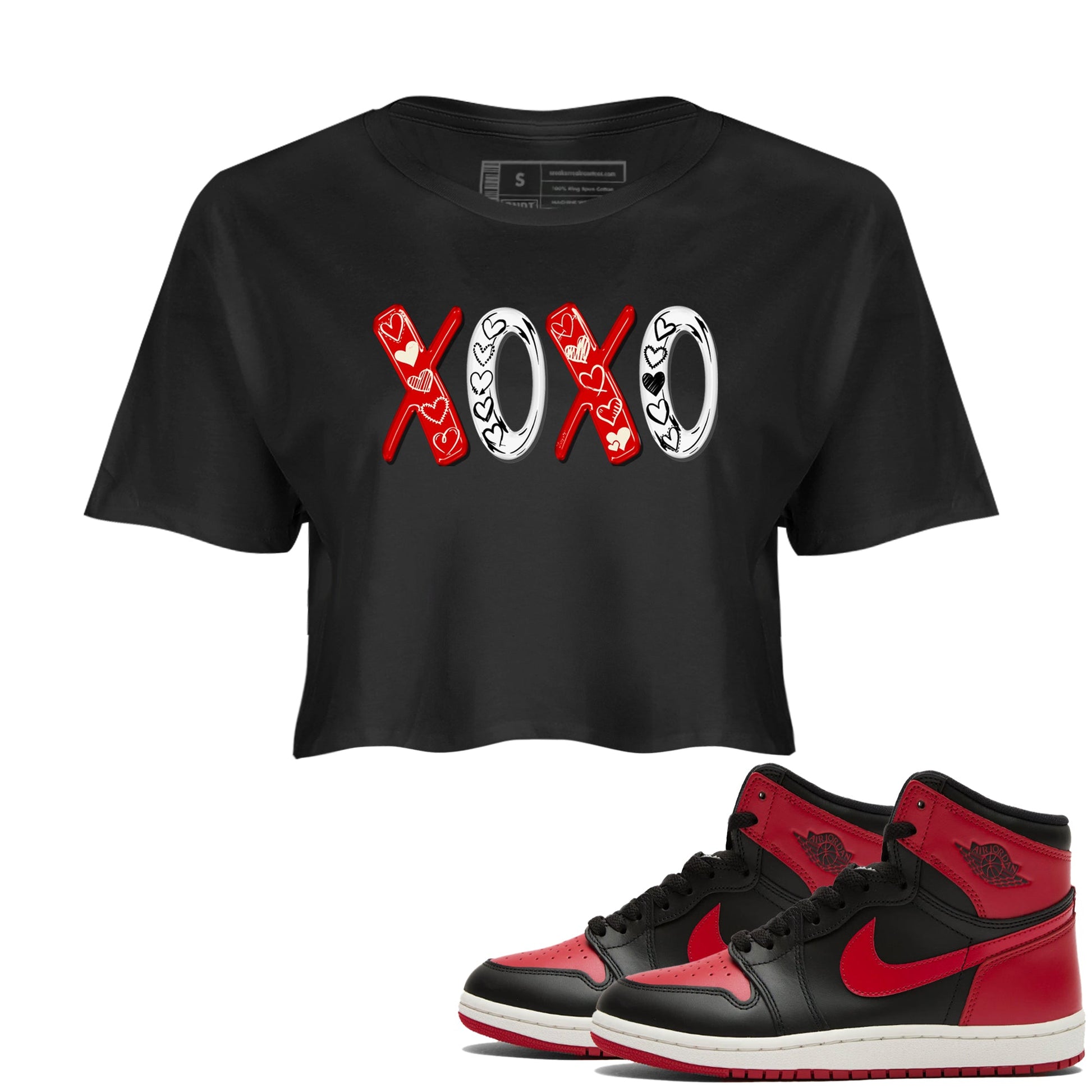1s Black Toe Reimagined shirts to match jordans XOXO best t shirts to wear with jordans AJ1 High OG Black Toe Reimagined match shoes to clothes SNRT Sneaker Tees unisex cotton Black 1 crop tee