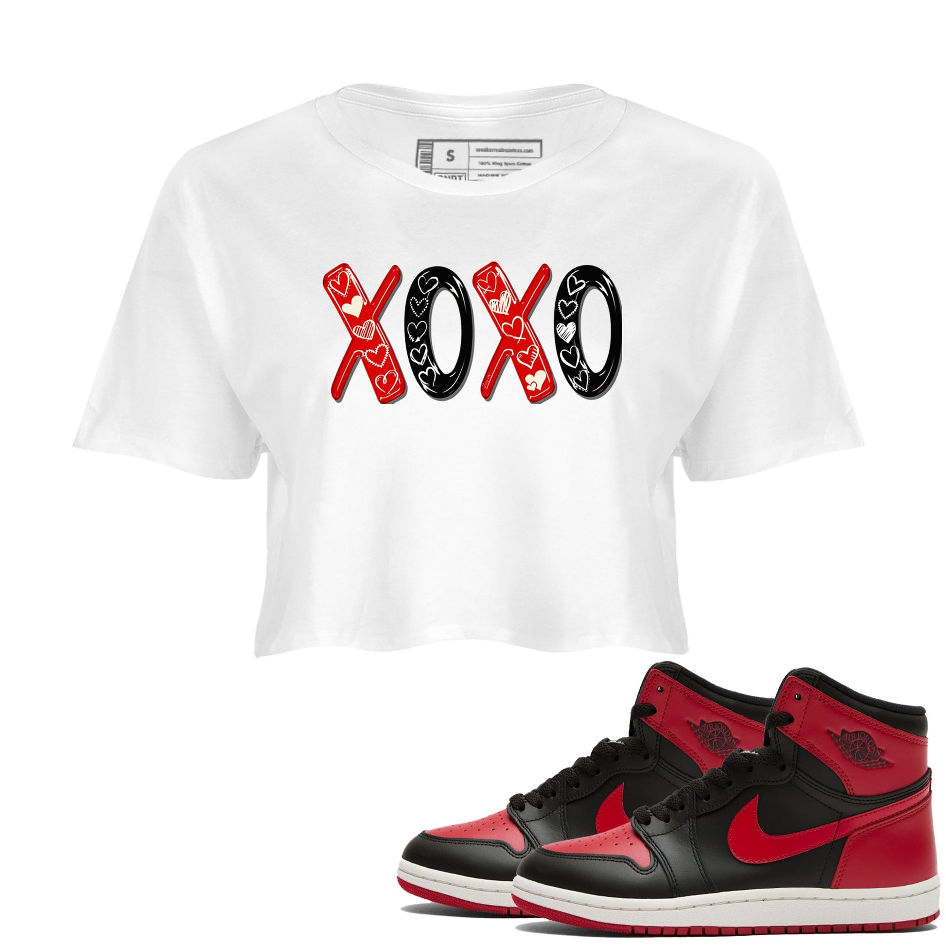 1s Black Toe Reimagined shirts to match jordans XOXO best t shirts to wear with jordans AJ1 High OG Black Toe Reimagined match shoes to clothes SNRT Sneaker Tees unisex cotton White 1 crop tee