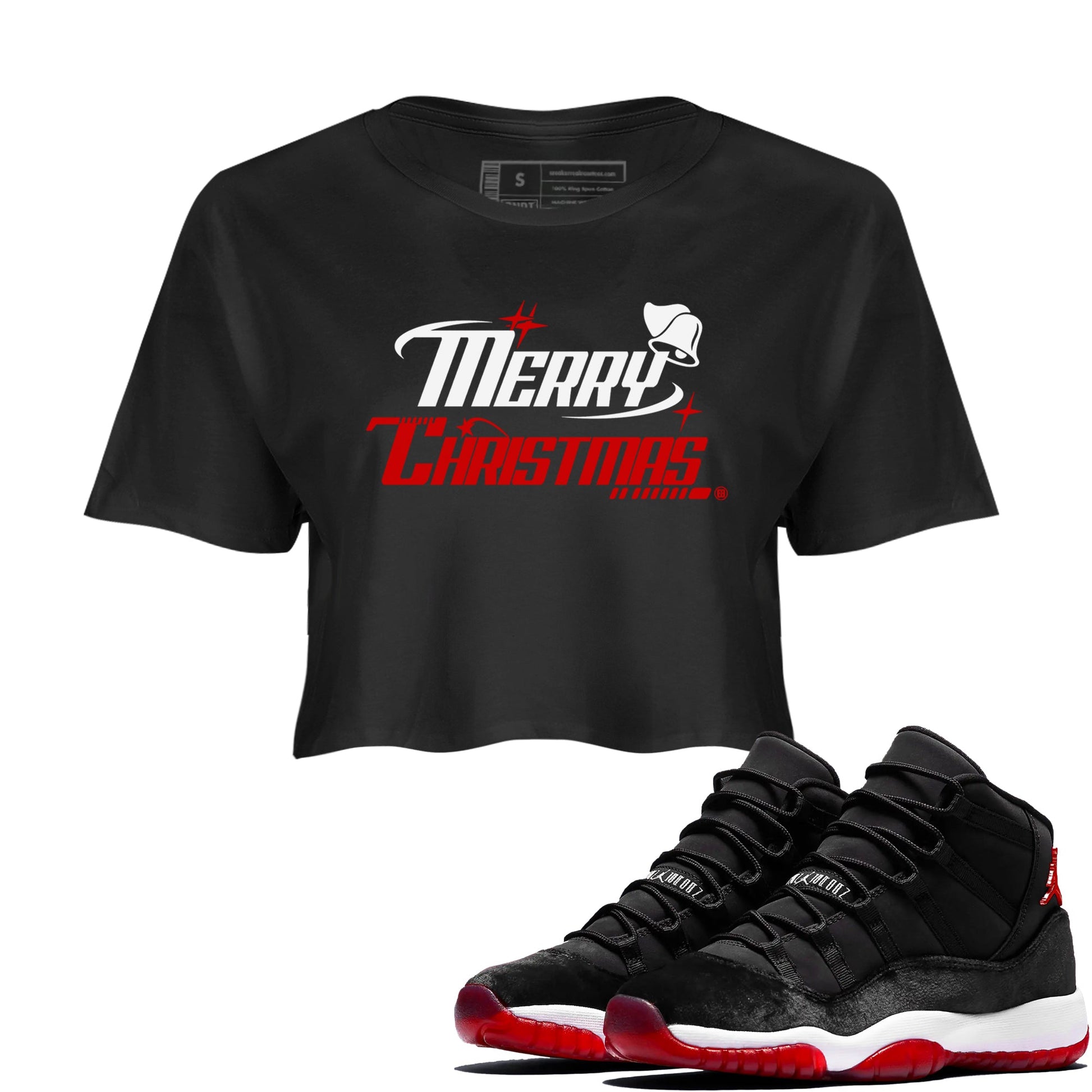 11s Bred Velvet shirts to match jordans Y2K Merry Christmas sneaker match tees Air Jordan 11 WMNS Bred Velvet match shoes to clothes SNRT Sneaker Tees unisex cotton Black 1 crop tee