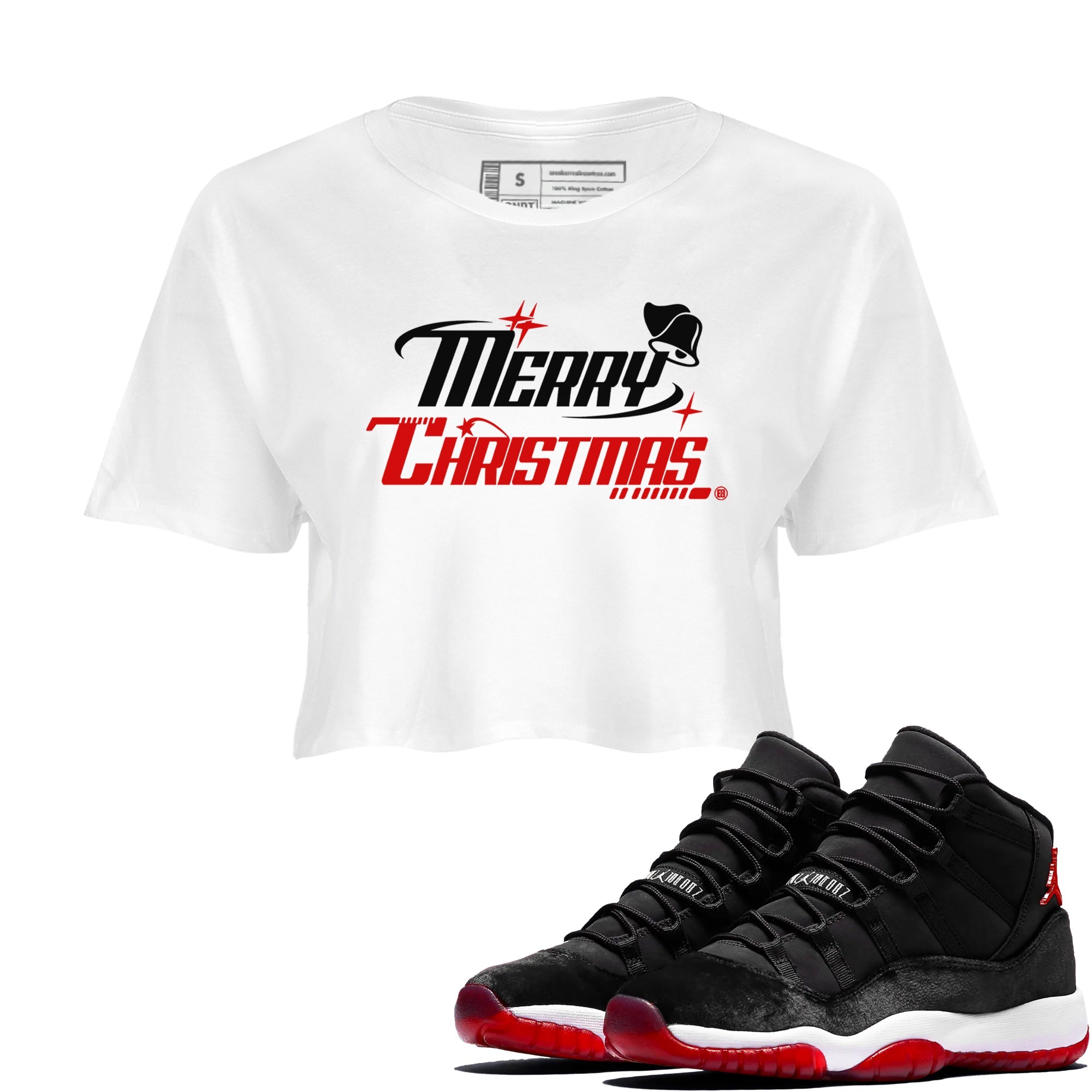 11s Bred Velvet shirts to match jordans Y2K Merry Christmas sneaker match tees Air Jordan 11 WMNS Bred Velvet match shoes to clothes SNRT Sneaker Tees unisex cotton White 1 crop tee