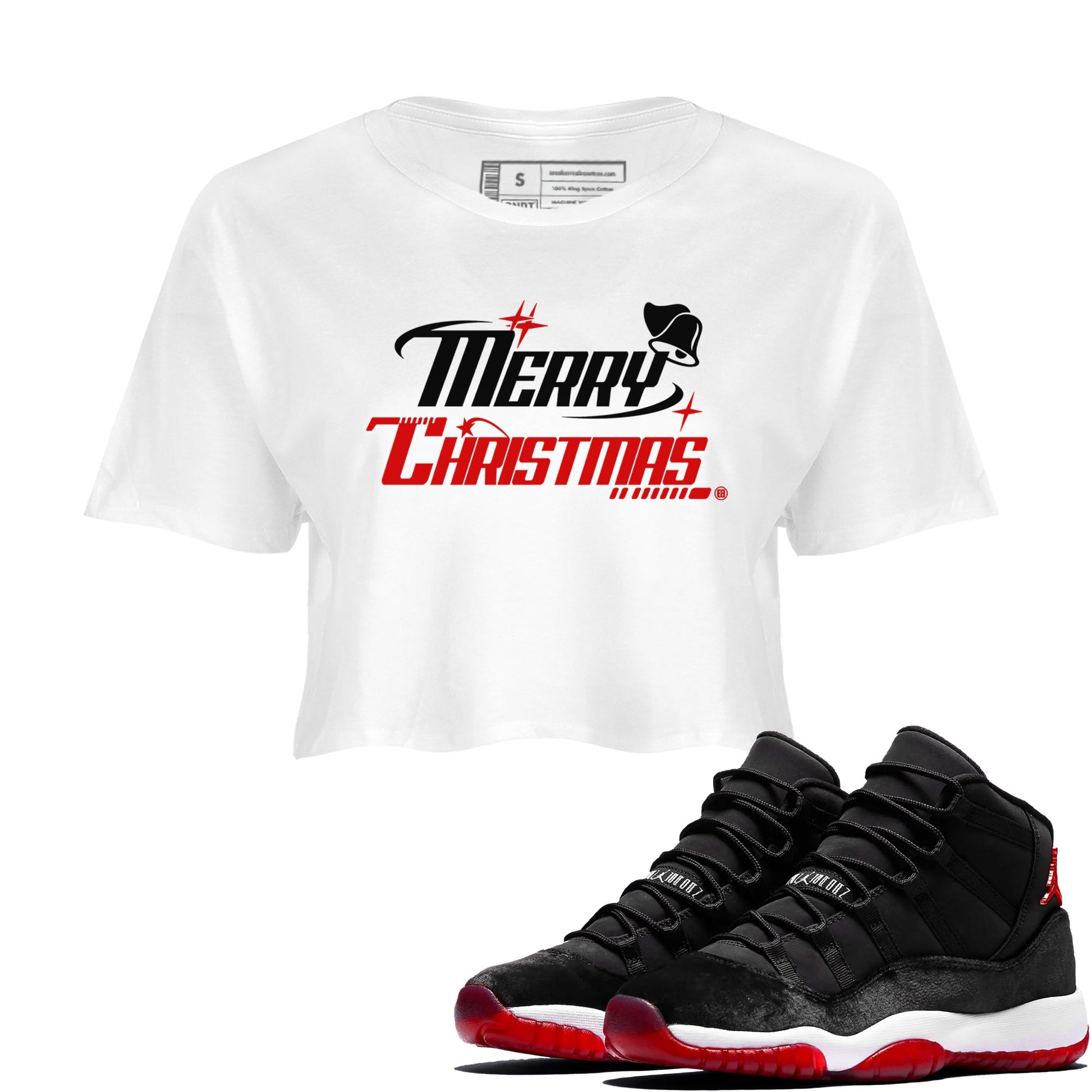 11s Bred Velvet shirts to match jordans Y2K Merry Christmas sneaker match tees Air Jordan 11 WMNS Bred Velvet match shoes to clothes SNRT Sneaker Tees unisex cotton White 1 crop tee