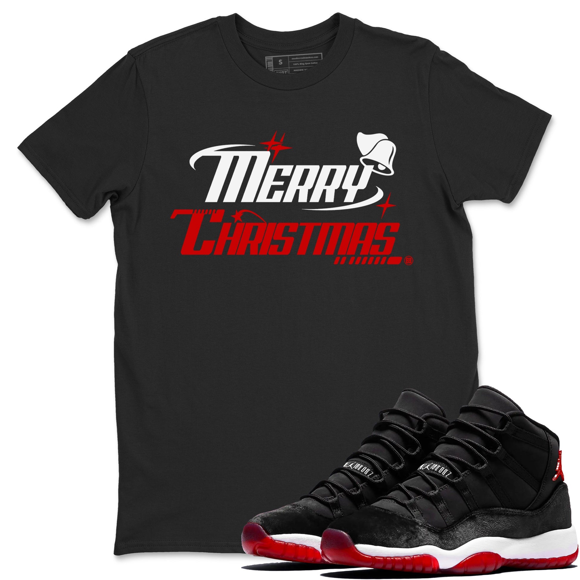 11s Bred Velvet shirts to match jordans Y2K Merry Christmas sneaker match tees Air Jordan 11 WMNS Bred Velvet match shoes to clothes SNRT Sneaker Tees unisex cotton Black 1 shirts