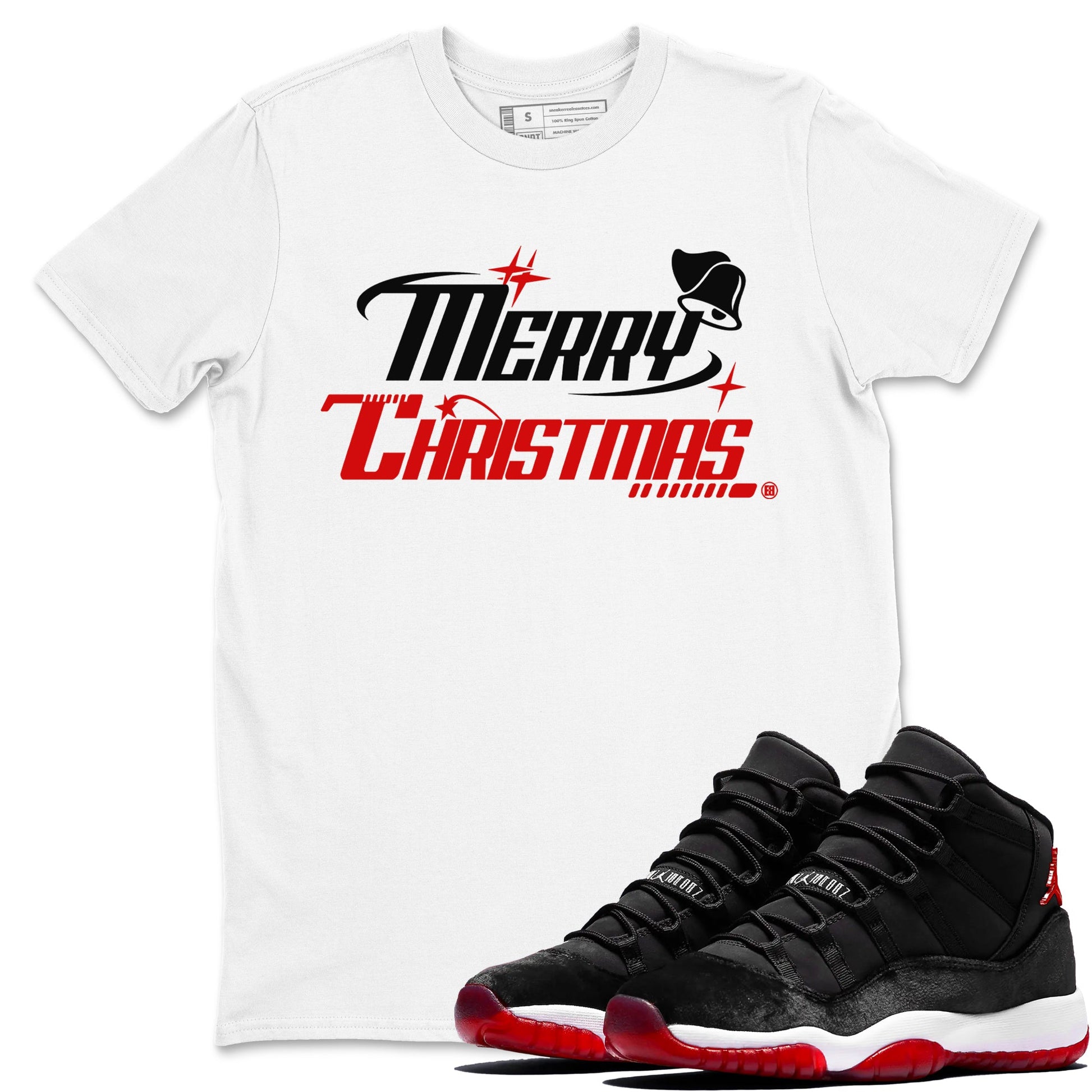 11s Bred Velvet shirts to match jordans Y2K Merry Christmas sneaker match tees Air Jordan 11 WMNS Bred Velvet match shoes to clothes SNRT Sneaker Tees unisex cotton White 1 shirts