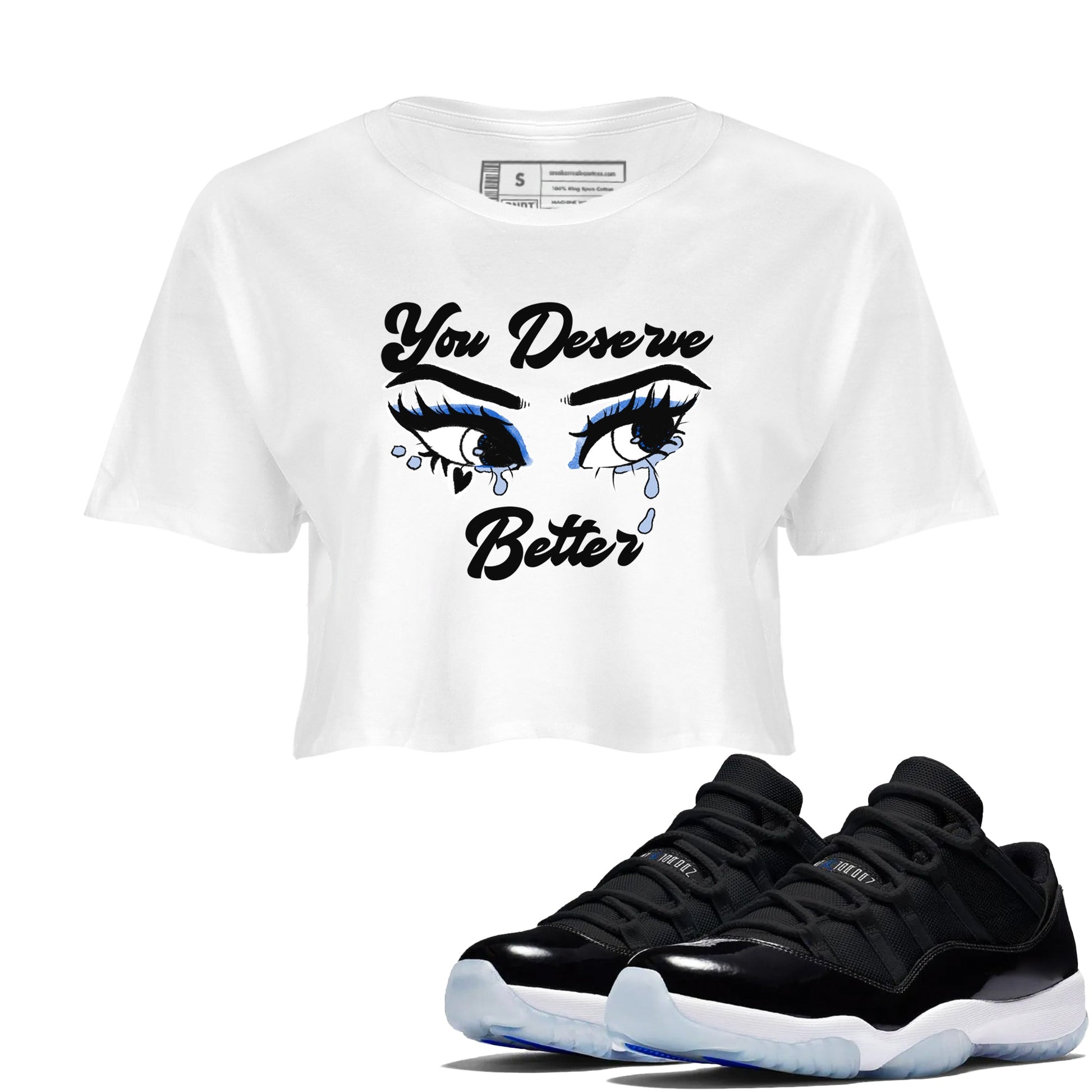 11s Low Space shirt to match jordans You Deserve Better sneaker tees Air Jordan 11 Black/Varsity Royal SNRT Sneaker Release Tees White 1 crop length shirt