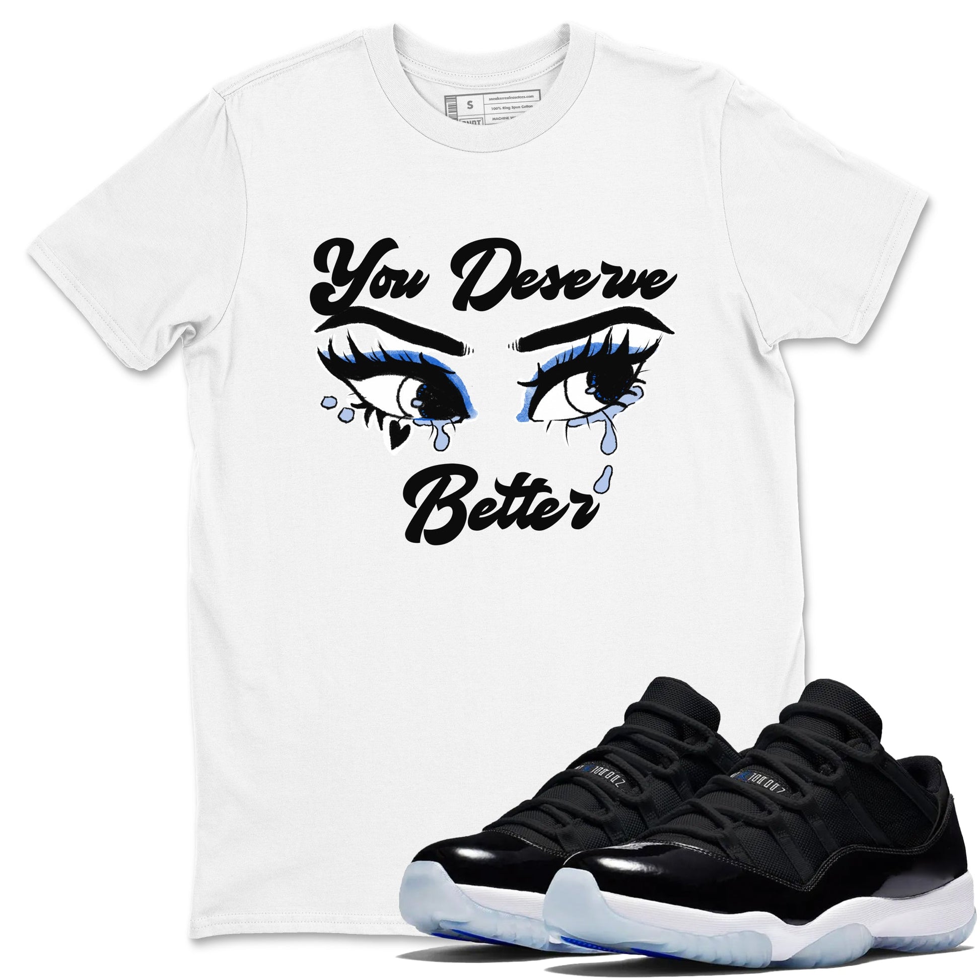 11s Low Space shirt to match jordans You Deserve Better sneaker tees Air Jordan 11 Black/Varsity Royal SNRT Sneaker Release Tees unisex cotton White 1 crew neck shirt