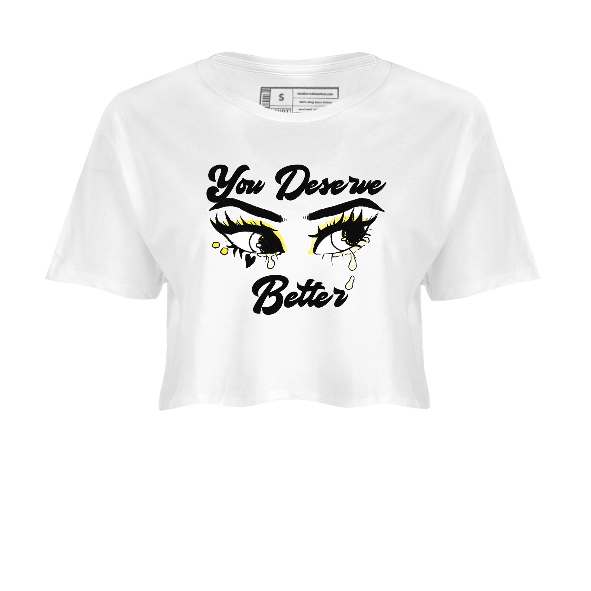 AJ4 Vivid Sulfur shirt to match jordans You Deserve Better sneaker tees Air Jordan 4 Vivid Sulfur SNRT Sneaker Release Tees White 2 crop length shirt