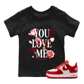You Love Me baby and kids t-shirt crafted for little sneakerheads to shine with the Air Force 1 University Red sneakers, displayed in Black 1.