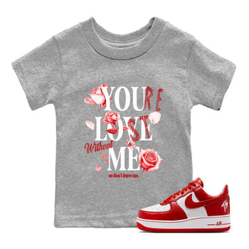You Love Me baby and kids t-shirt crafted for little sneakerheads to shine with the Air Force 1 University Red sneakers, displayed in Heather Grey 1.