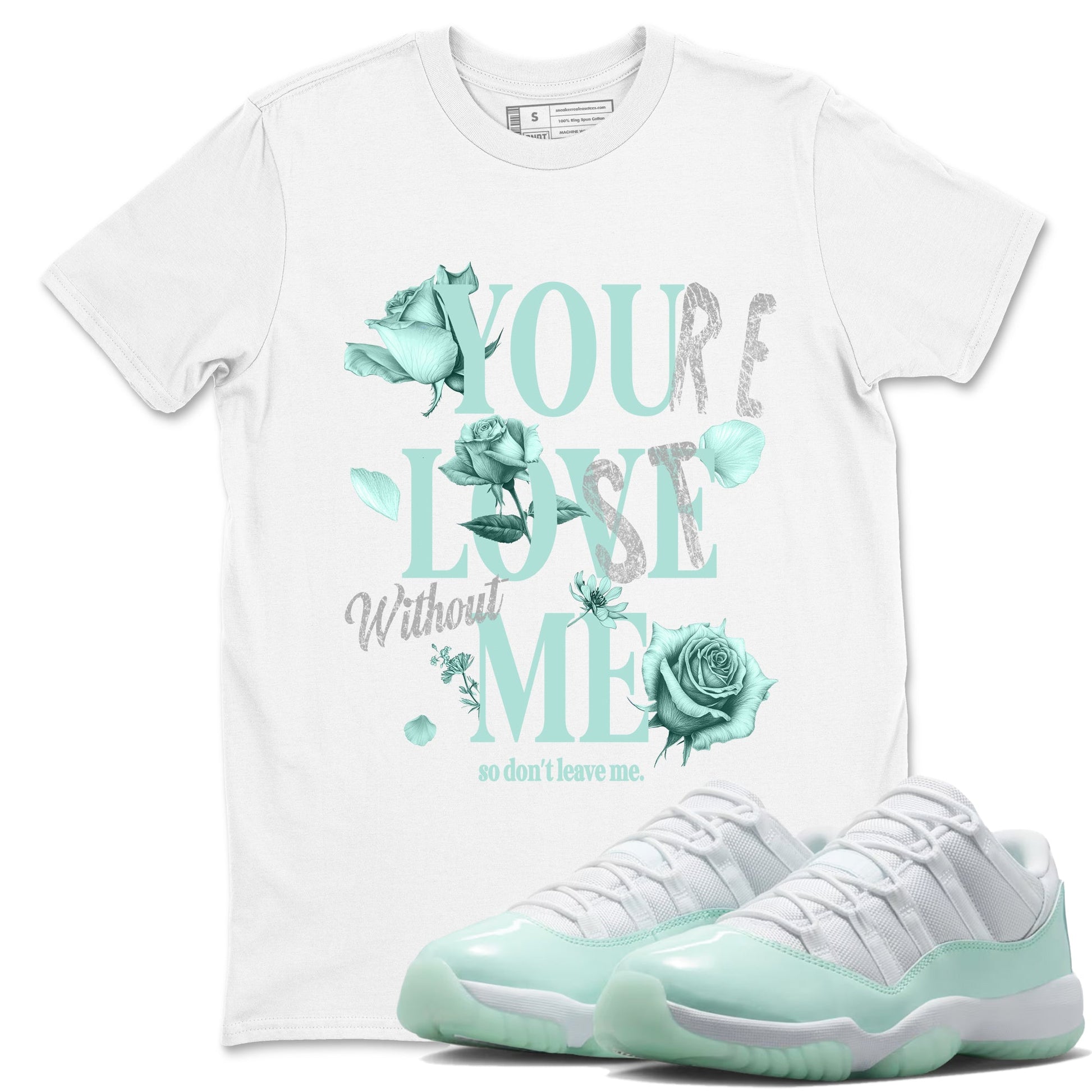 You Love Me sneaker match t-shirt styled to complete your fit with the Air Jordan 11 Igloo sneakers, shown in White 1.