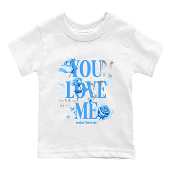 You Love Me baby and kids t-shirt crafted for little sneakerheads to shine with the Air Jordan 12 White and University Blue sneakers, displayed in White 2.