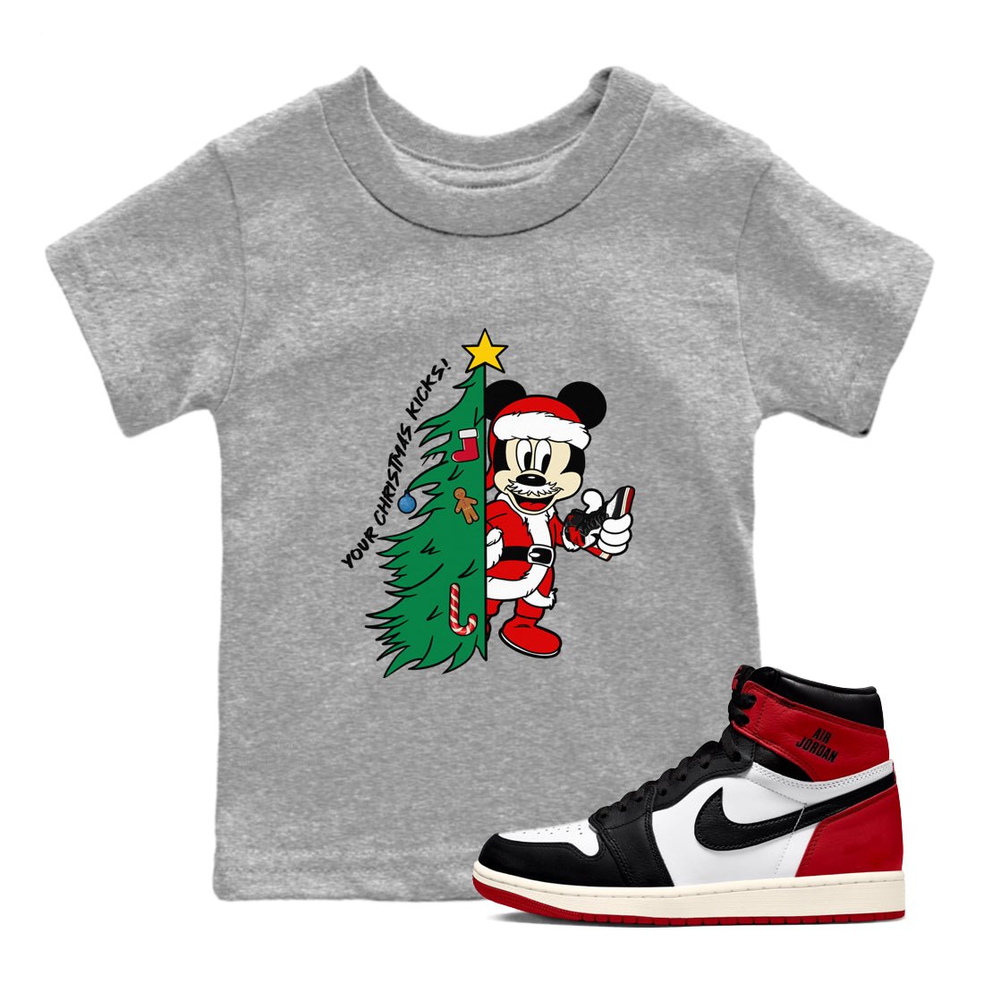 1s Black Toe Reimagined shirts to match jordansChristmas gift Your Christmas Kicks sneaker match tees Air Jordan 1 High OG Black Toe Reimagined match shoes to clothes SNRT Sneaker Tees Youth Baby Heather Grey 1 tee