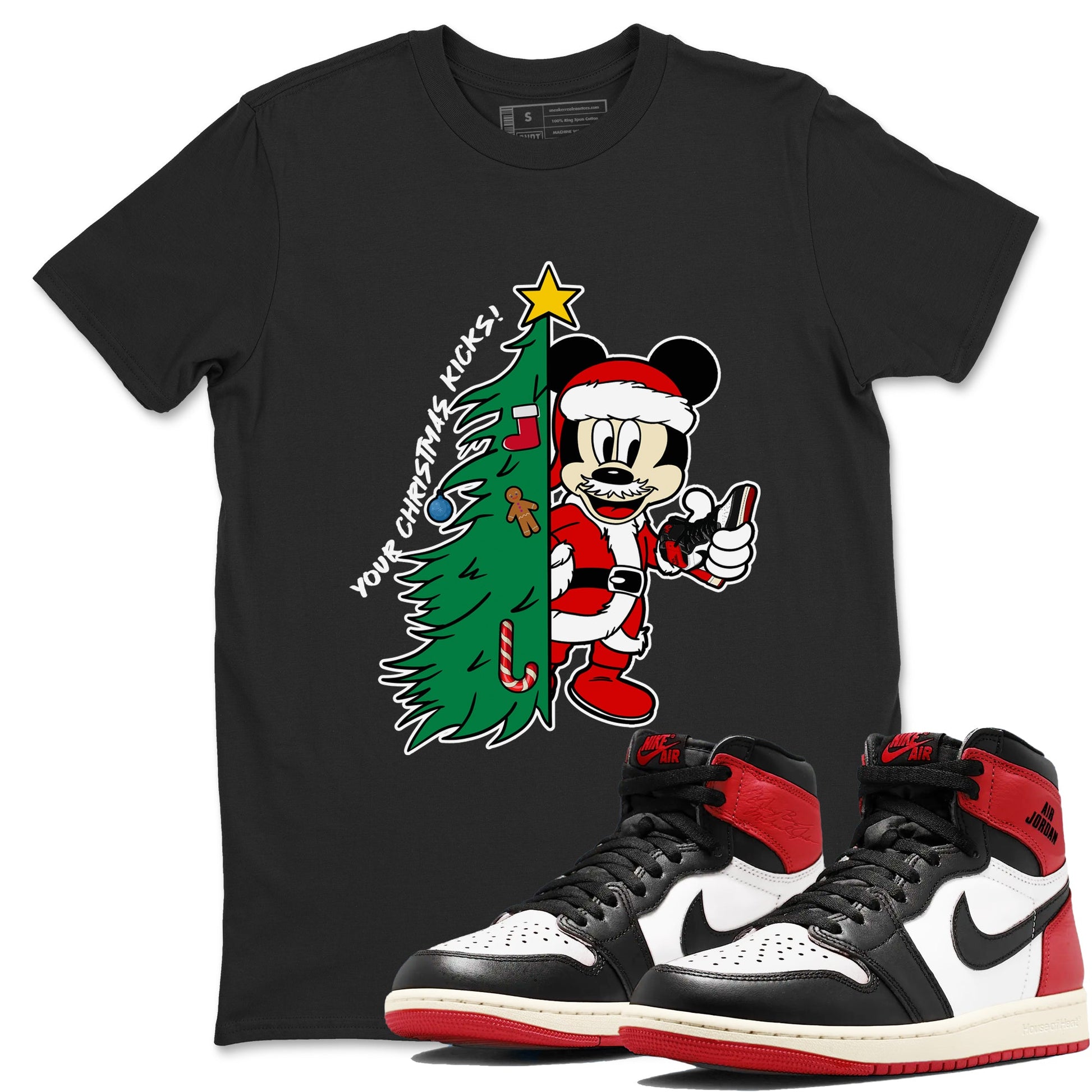 1s Black Toe Reimagined shirts to match jordansChristmas gift Your Christmas Kicks sneaker match tees Air Jordan 1 High OG Black Toe Reimagined match shoes to clothes SNRT Sneaker Tees unisex cotton Black 1 shirts