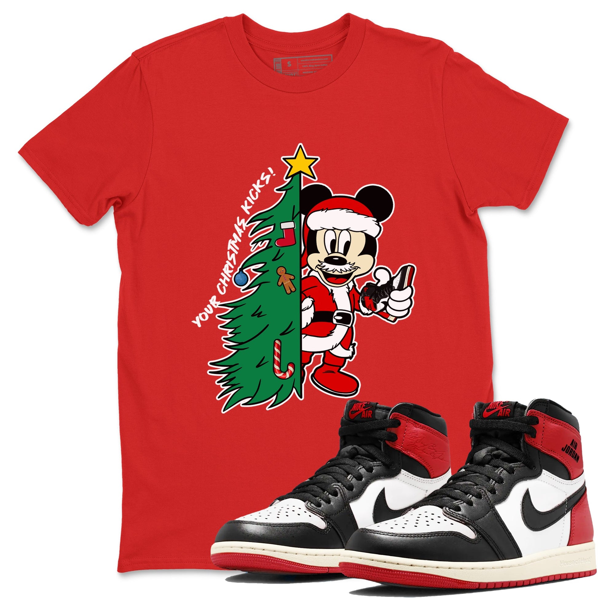 1s Black Toe Reimagined shirts to match jordansChristmas gift Your Christmas Kicks sneaker match tees Air Jordan 1 High OG Black Toe Reimagined match shoes to clothes SNRT Sneaker Tees unisex cotton Red 1 shirts