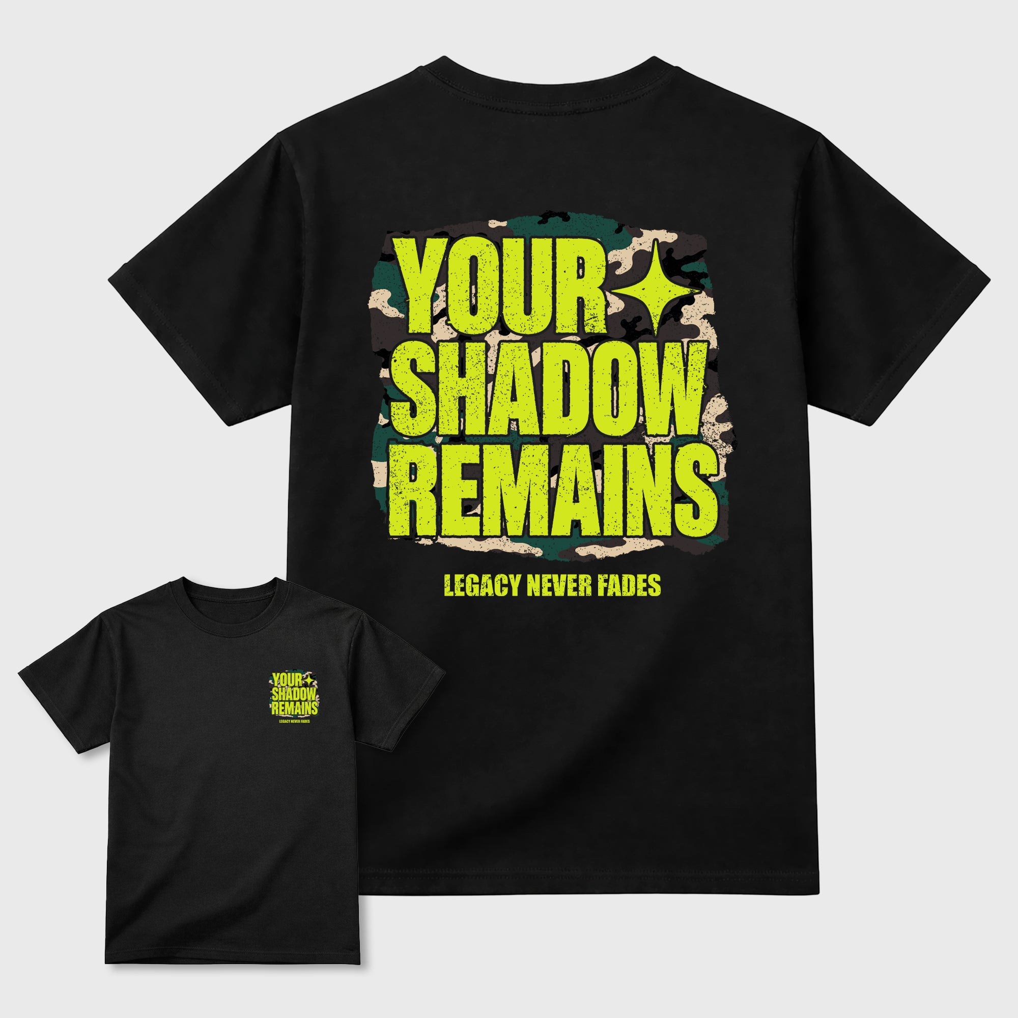 Your Shadow Remains Graphic T-Shirt featuring original streetwear artwork designed to match the Air Foamposite Pro Green Camo. Black Graphic T-Shirt.