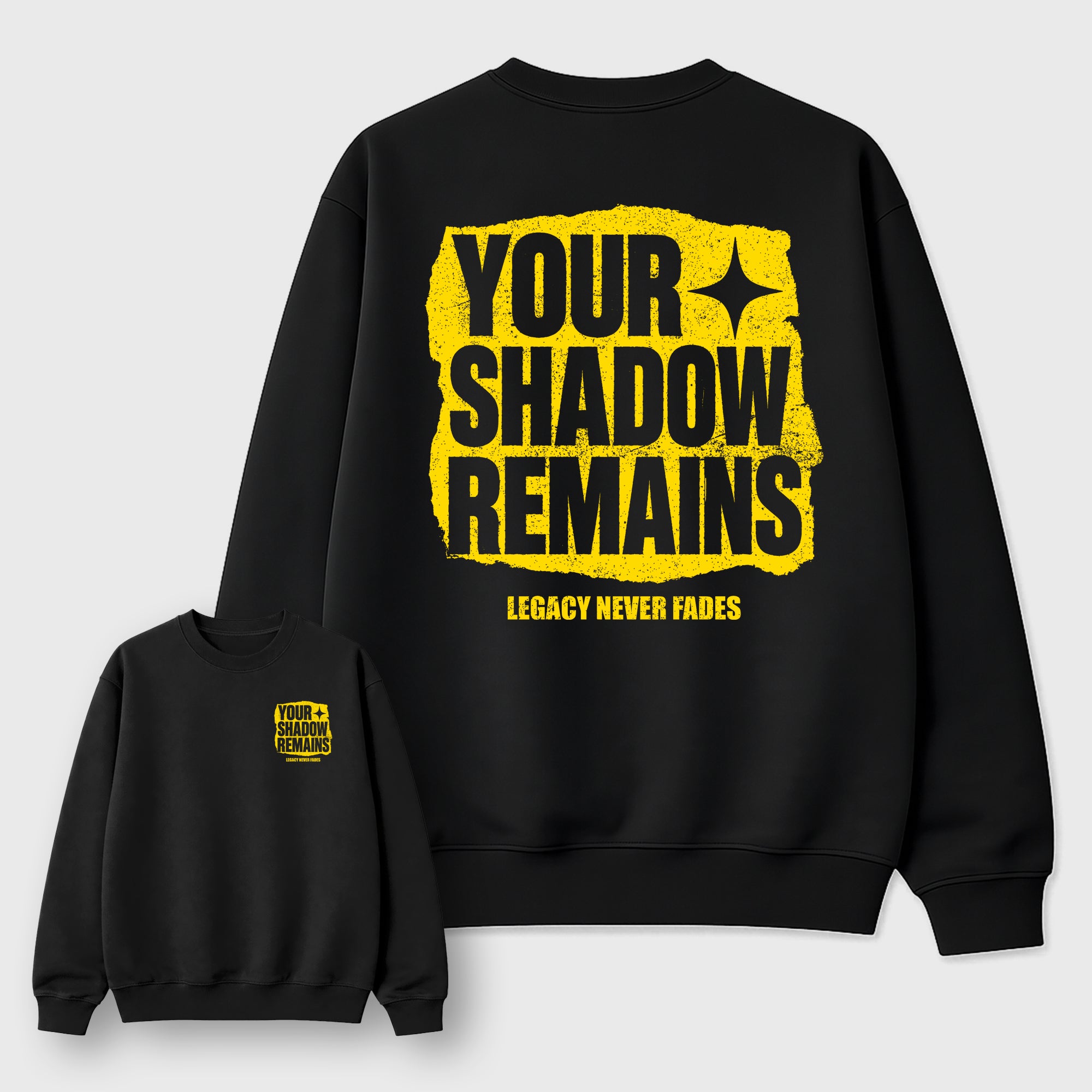 Your Shadow Remains Graphic T-Shirt featuring original streetwear artwork designed to complement the bold Tour Yellow and Dark Blue Grey accents of the Air Jordan 4 Tour Yellow. Black Graphic Tee.