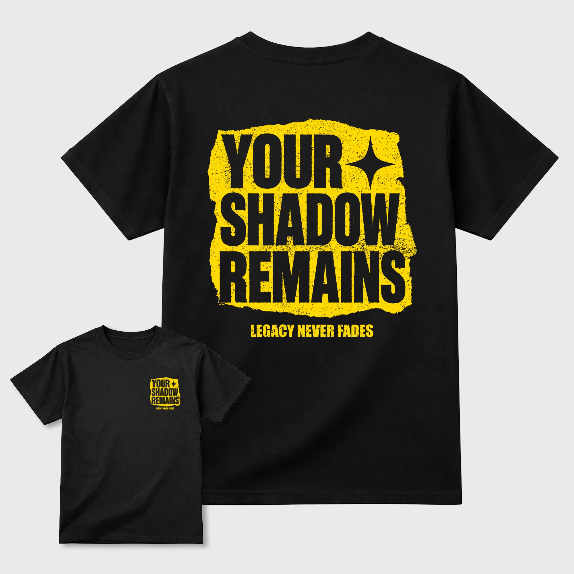 Your Shadow Remains Graphic T-Shirt featuring original streetwear artwork designed to complement the bold Tour Yellow and Dark Blue Grey accents of the Air Jordan 4 Tour Yellow. Black Graphic T-Shirt.