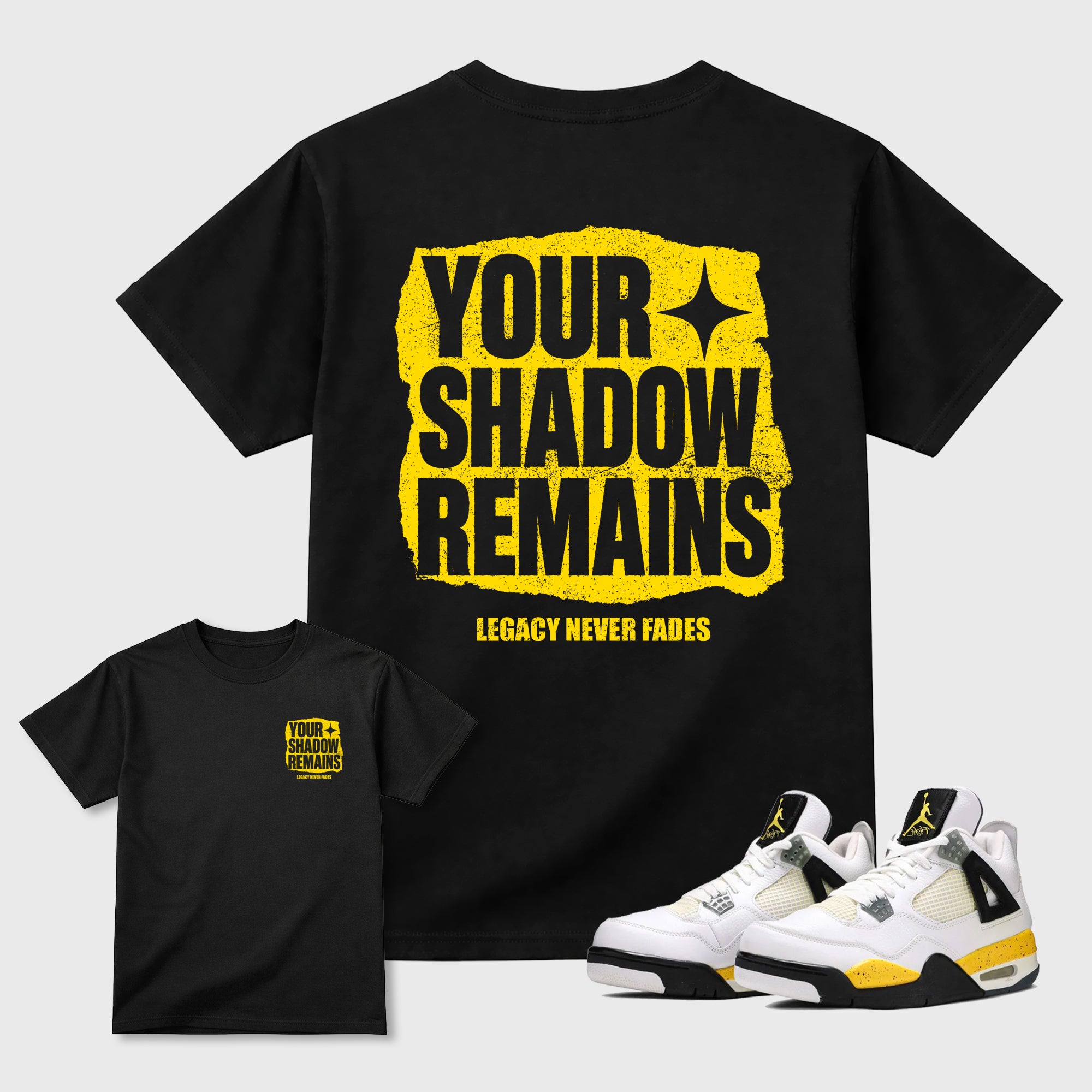 Your Shadow Remains Graphic T-Shirt featuring original streetwear artwork designed to complement the bold Tour Yellow and Dark Blue Grey accents of the Air Jordan 4 Tour Yellow. Black Graphic T-Shirt.
