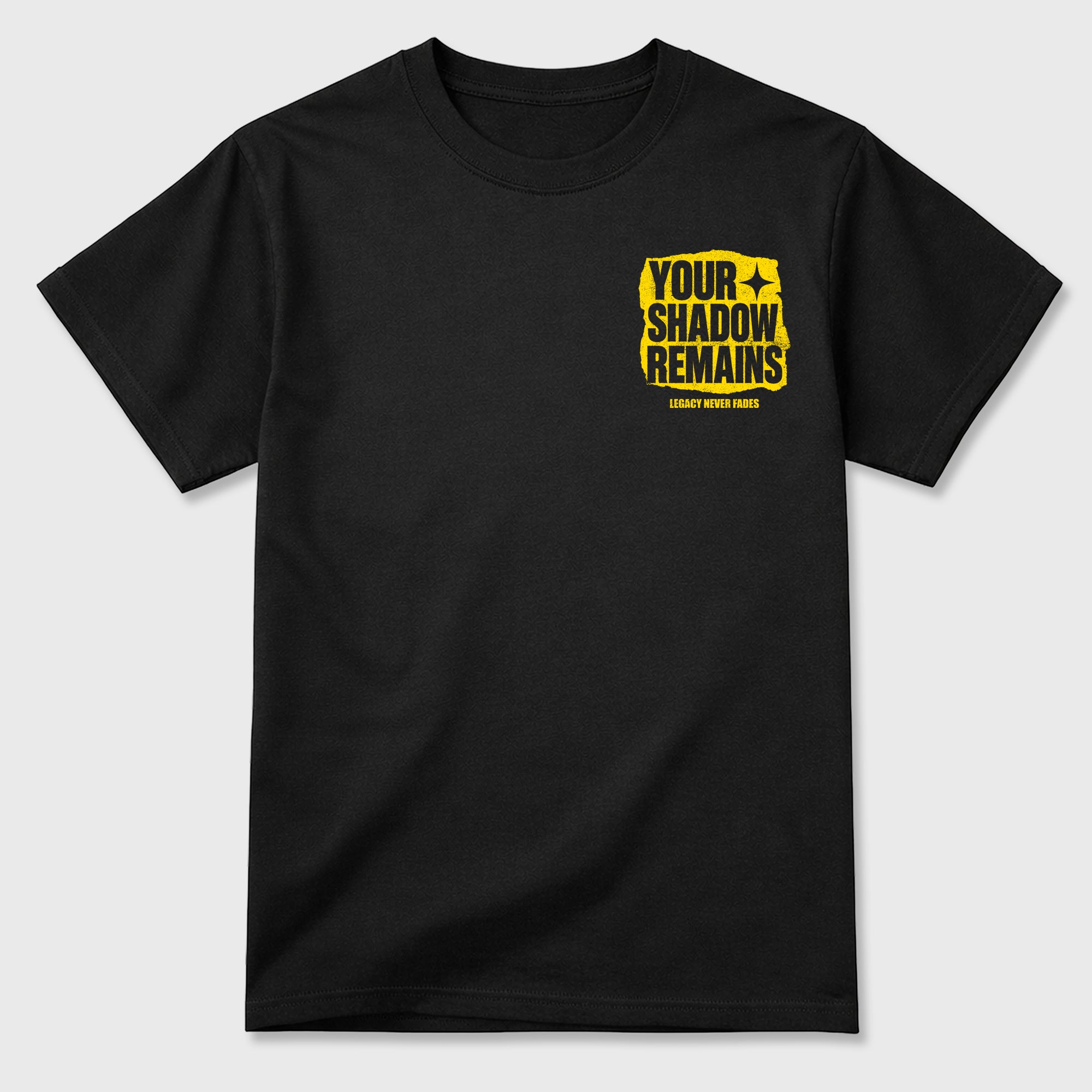 Your Shadow Remains Graphic T-Shirt featuring original streetwear artwork designed to complement the bold Tour Yellow and Dark Blue Grey accents of the Air Jordan 4 Tour Yellow. Black Graphic T-Shirt.