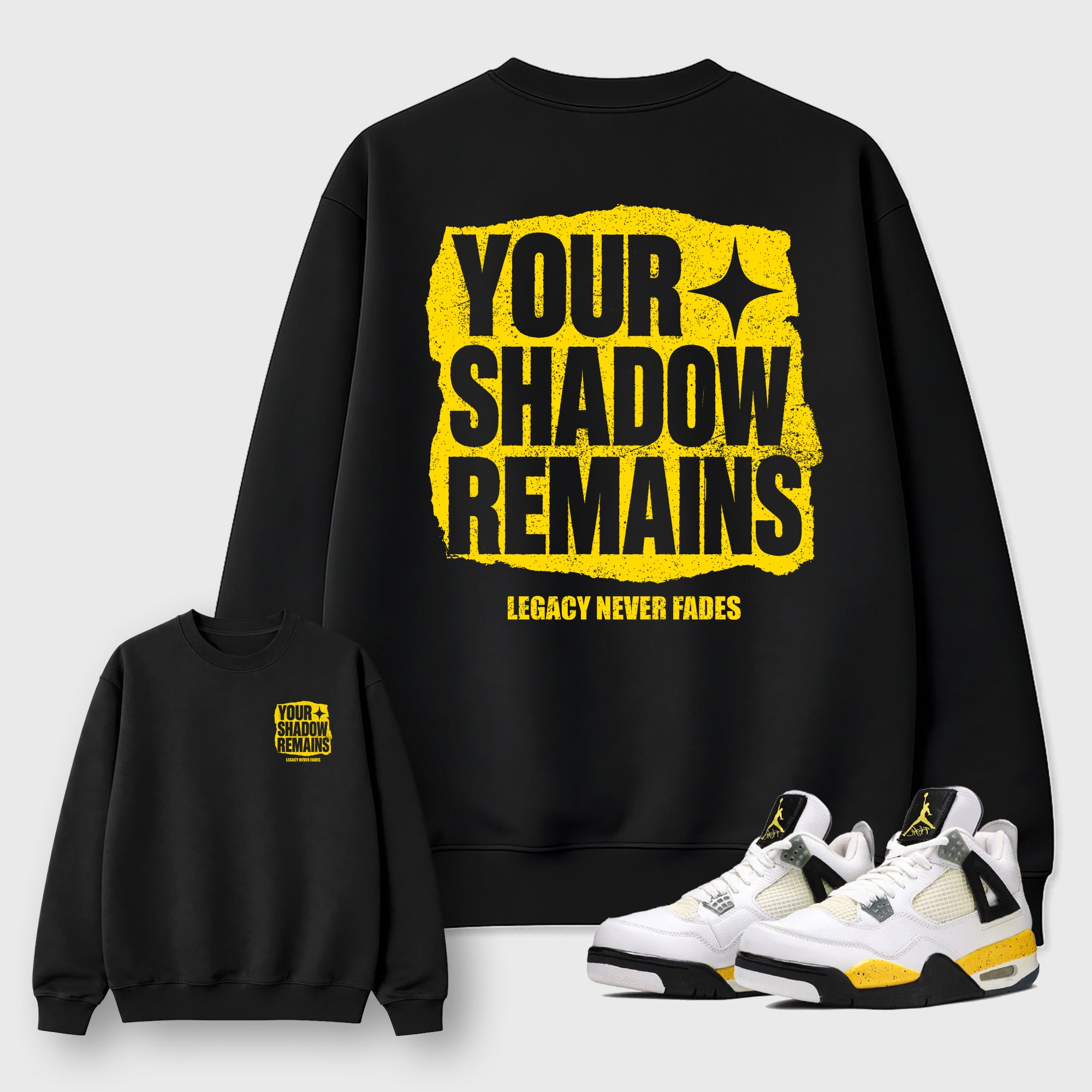 Your Shadow Remains Graphic T-Shirt featuring original streetwear artwork designed to complement the bold Tour Yellow and Dark Blue Grey accents of the Air Jordan 4 Tour Yellow. Black Graphic T-Shirt.