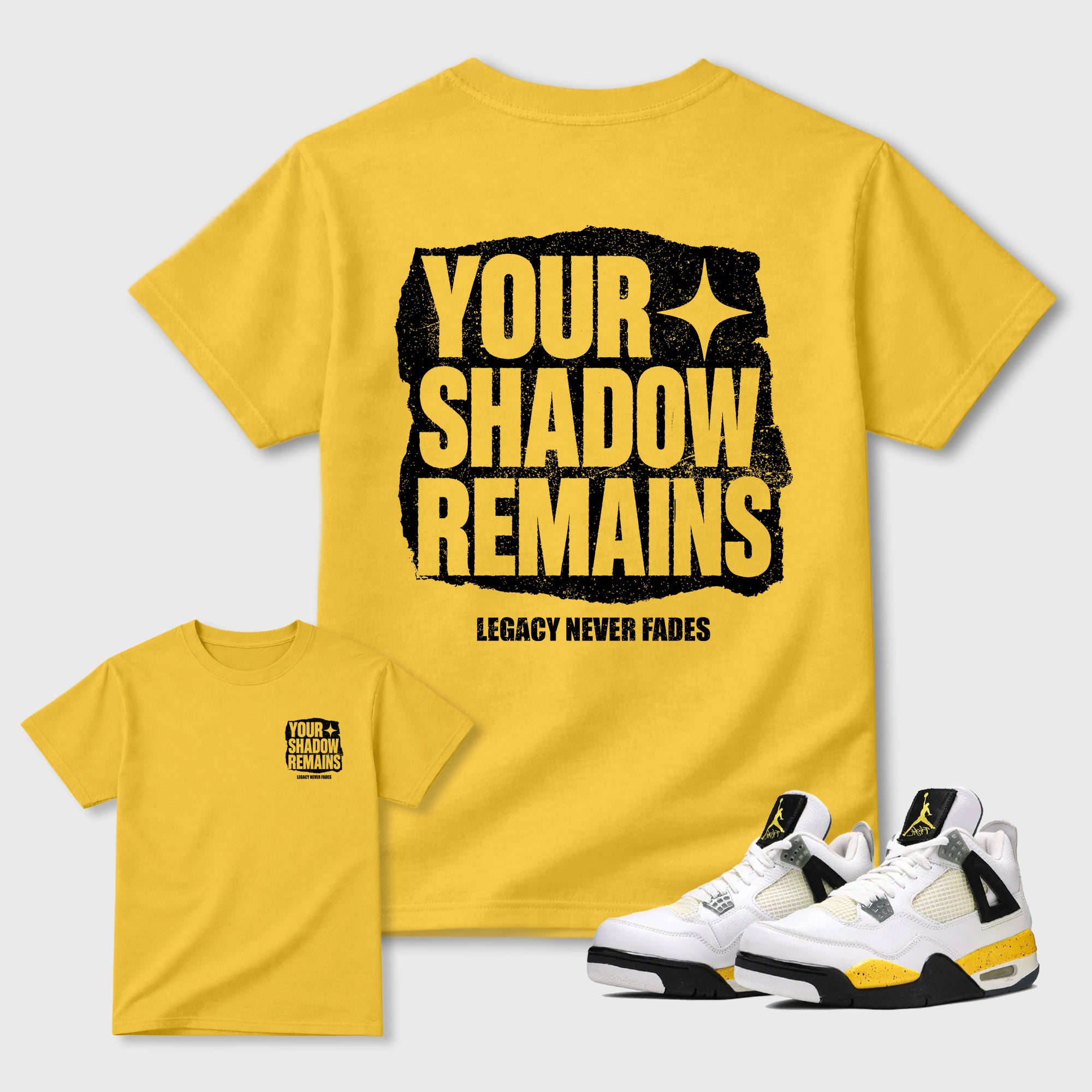 Your Shadow Remains Graphic T-Shirt featuring original streetwear artwork designed to complement the bold Tour Yellow and Dark Blue Grey accents of the Air Jordan 4 Tour Yellow. Daisy Graphic T-Shirt.