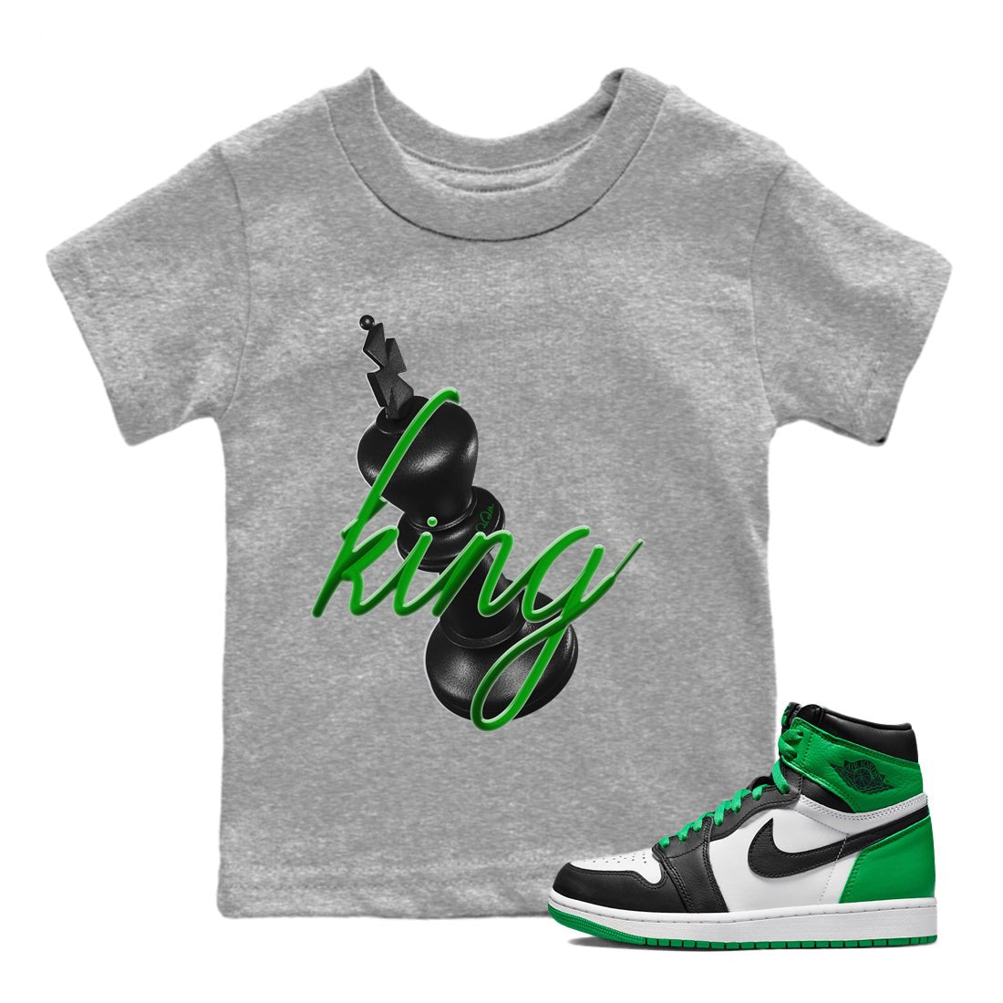 Air Jordan 1 Celtics Sneaker Match Tees 3D King Sneaker Tees AJ1 High OG Lucky Green Sneaker Release Tees Kids Shirts Heather Grey 1