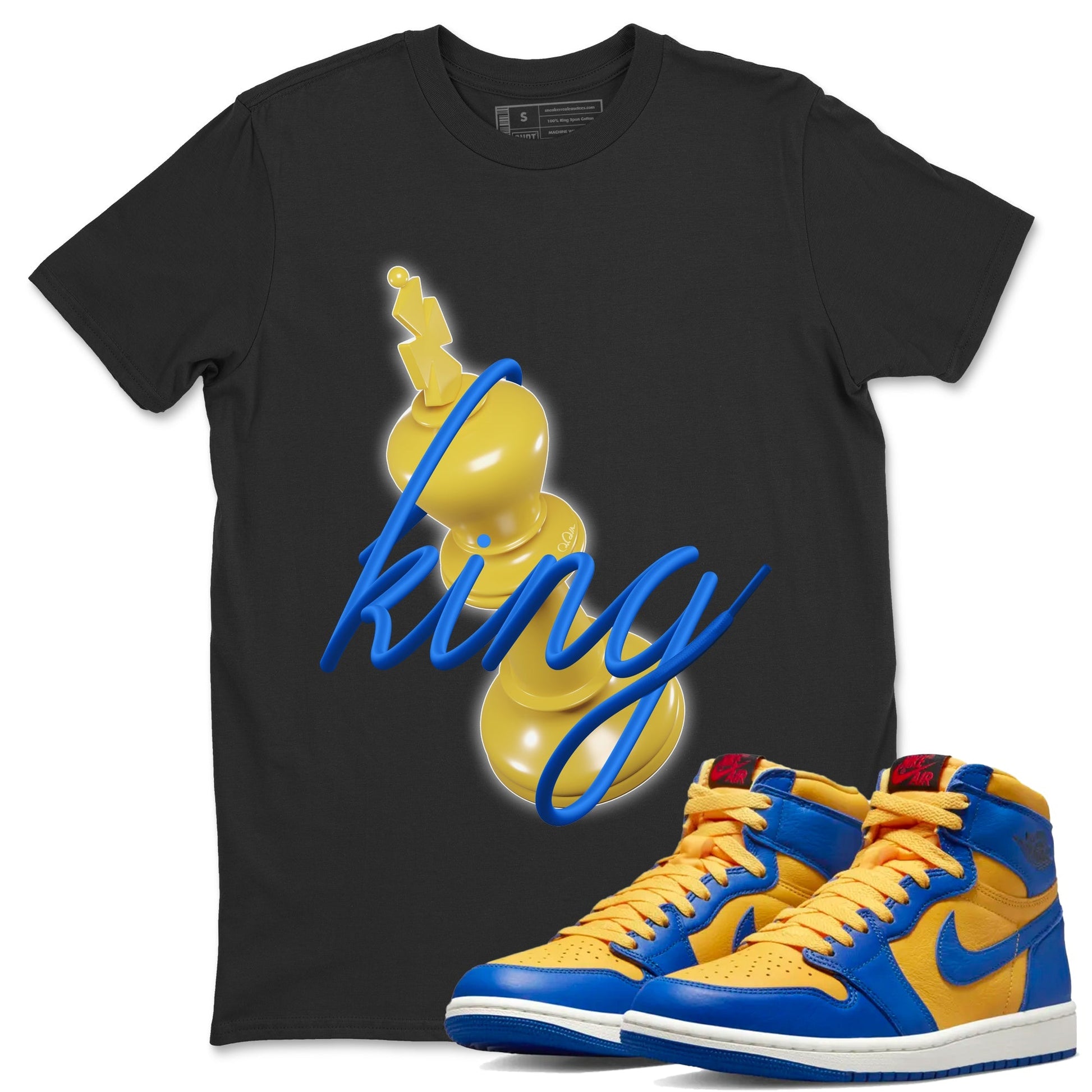 Jordan 1 Game Royal Varsity Maize Sneaker Match Tees 3D King Sneaker Tees Jordan 1 Game Royal Varsity Maize Sneaker Release Tees Unisex Shirts