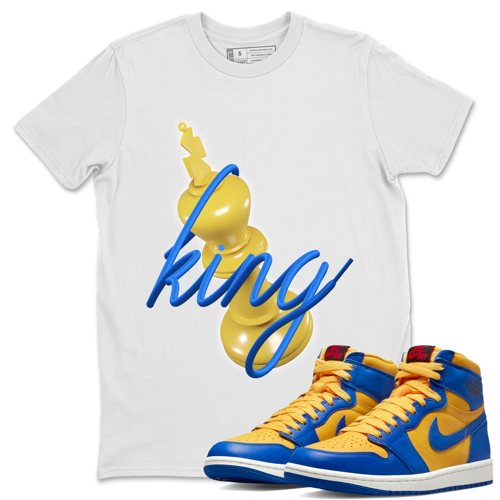 Jordan 1 Game Royal Varsity Maize Sneaker Match Tees 3D King Sneaker Tees Jordan 1 Game Royal Varsity Maize Sneaker Release Tees Unisex Shirts