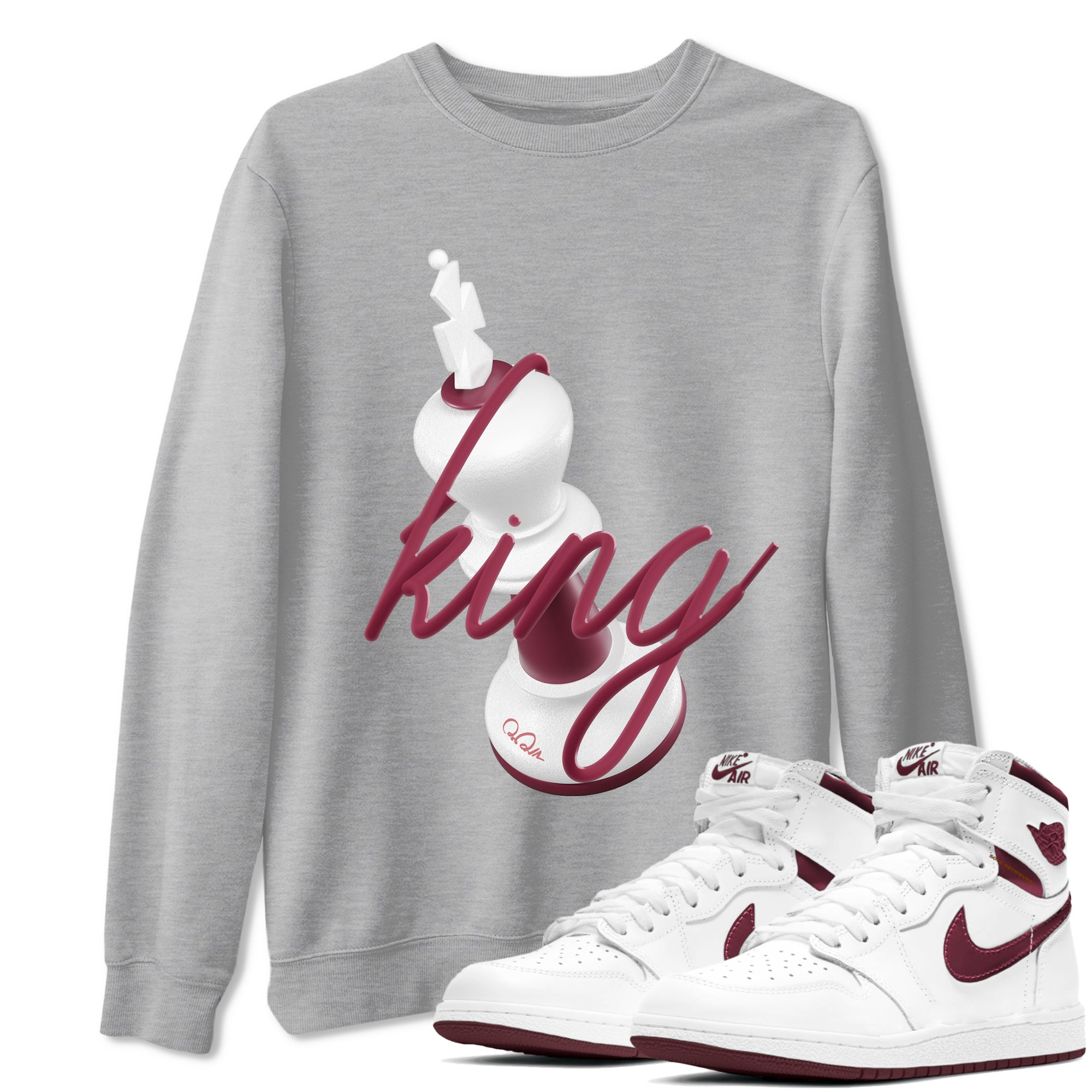 1s Metallic Burgundy shirt to match jordans 3D King sneaker tees AJ1 Metallic Burgundy SNRT Sneaker Release Tees Unisex Heather Grey 1 T-Shirt