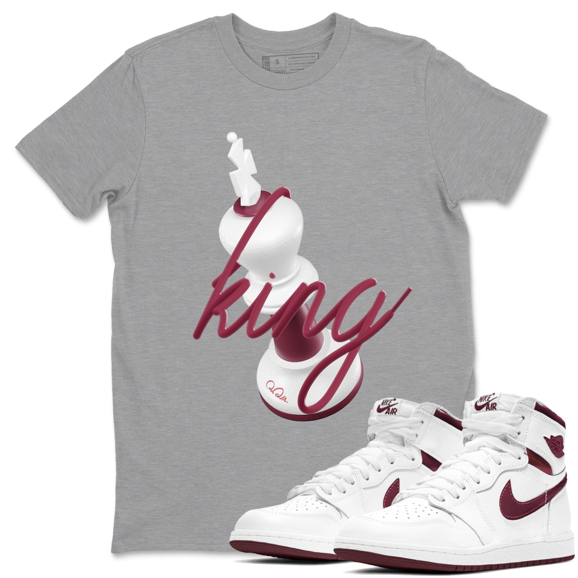 1s Metallic Burgundy shirt to match jordans 3D King sneaker tees AJ1 Metallic Burgundy SNRT Sneaker Release Tees Unisex Heather Grey 1 T-Shirt