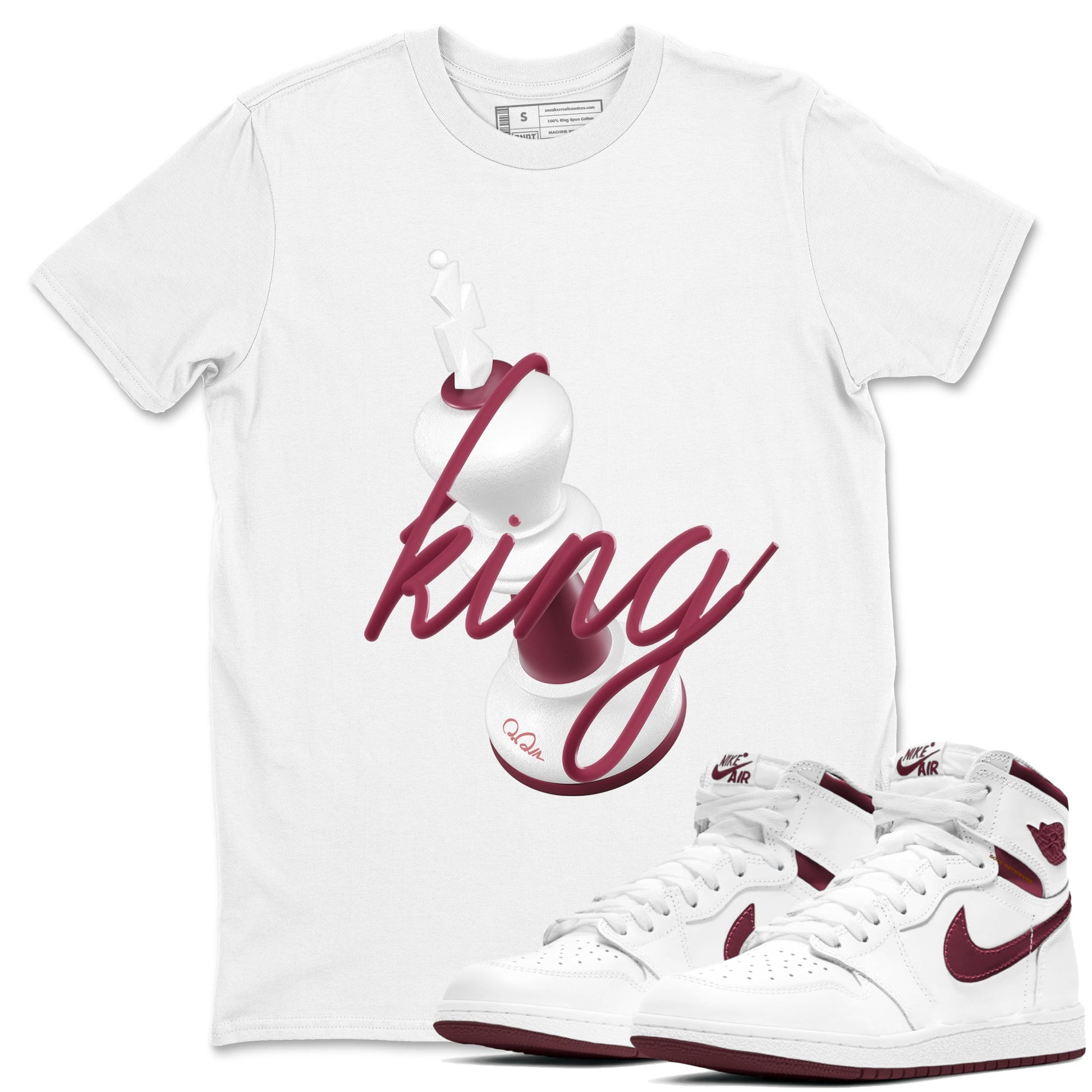 1s Metallic Burgundy shirt to match jordans 3D King sneaker tees AJ1 Metallic Burgundy SNRT Sneaker Release Tees Unisex White 1 T-Shirt