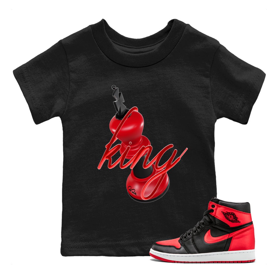 Air Jordan 1 Satin Bred Sneaker Match Tees 3D King Sneaker Tees AJ1 Satin Bred Sneaker Release Tees Kids Shirts Black 1