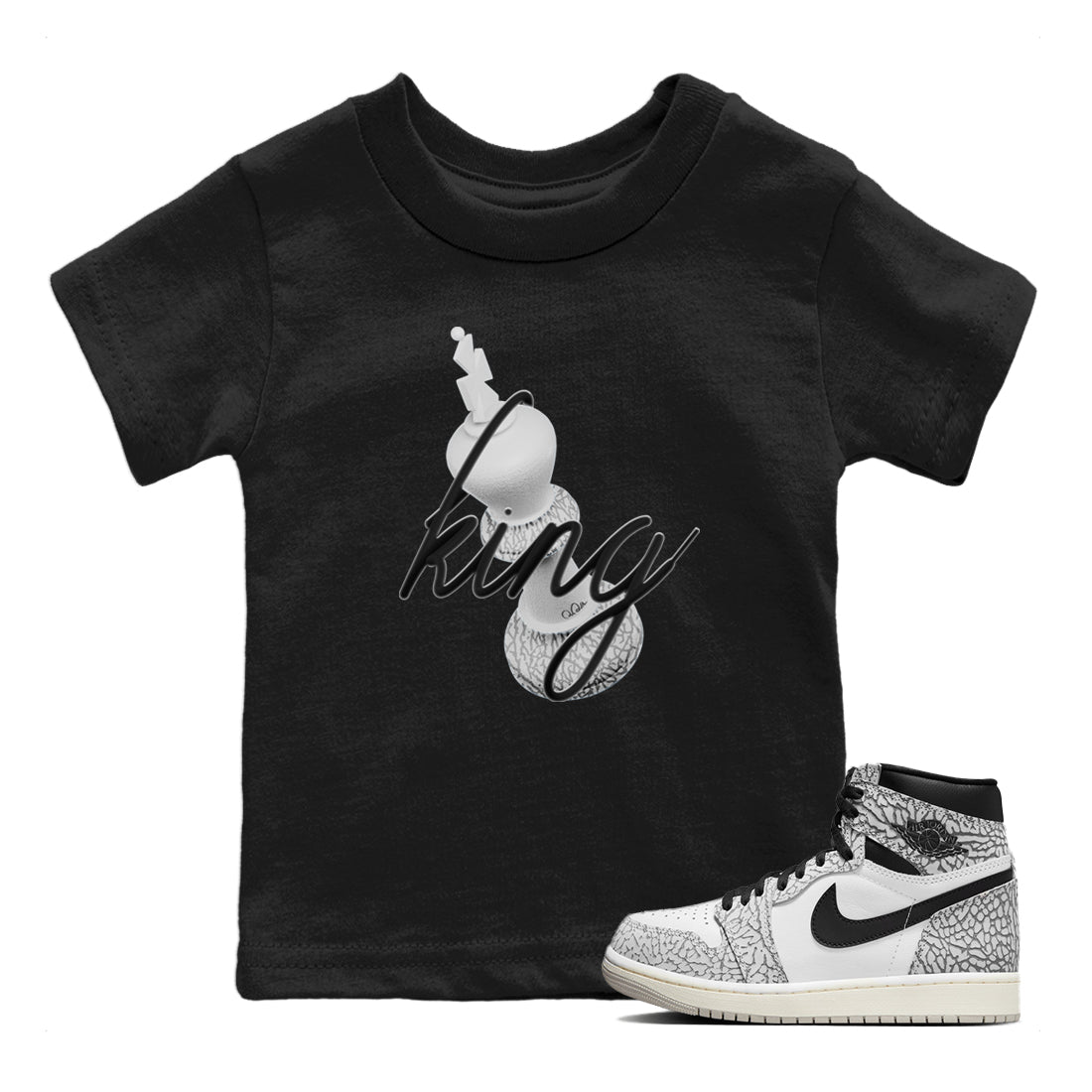 Air Jordan 1 White Cement Sneaker Match Tees 3D King Sneaker Tees AJ1 White Cement Sneaker Release Tees Kids Shirts Black 1
