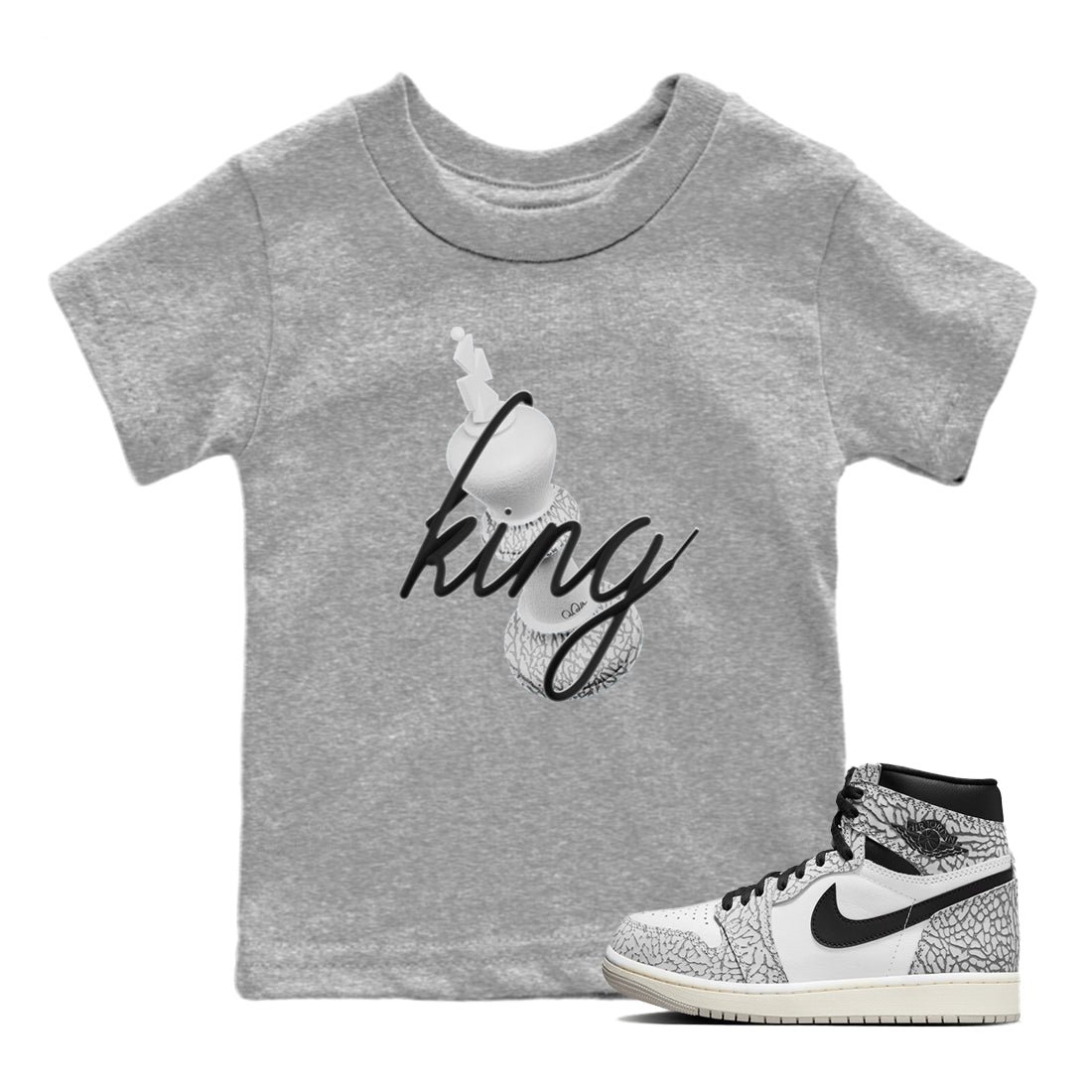 Air Jordan 1 White Cement Sneaker Match Tees 3D King Sneaker Tees AJ1 White Cement Sneaker Release Tees Kids Shirts Heather Grey 1