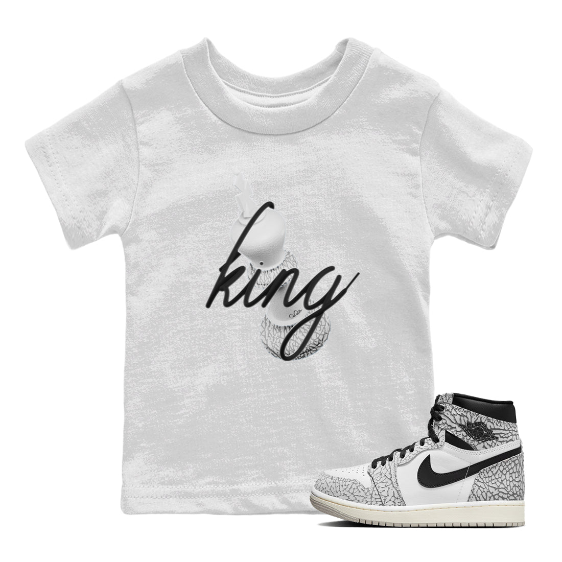 Air Jordan 1 White Cement Sneaker Match Tees 3D King Sneaker Tees AJ1 White Cement Sneaker Release Tees Kids Shirts White 1