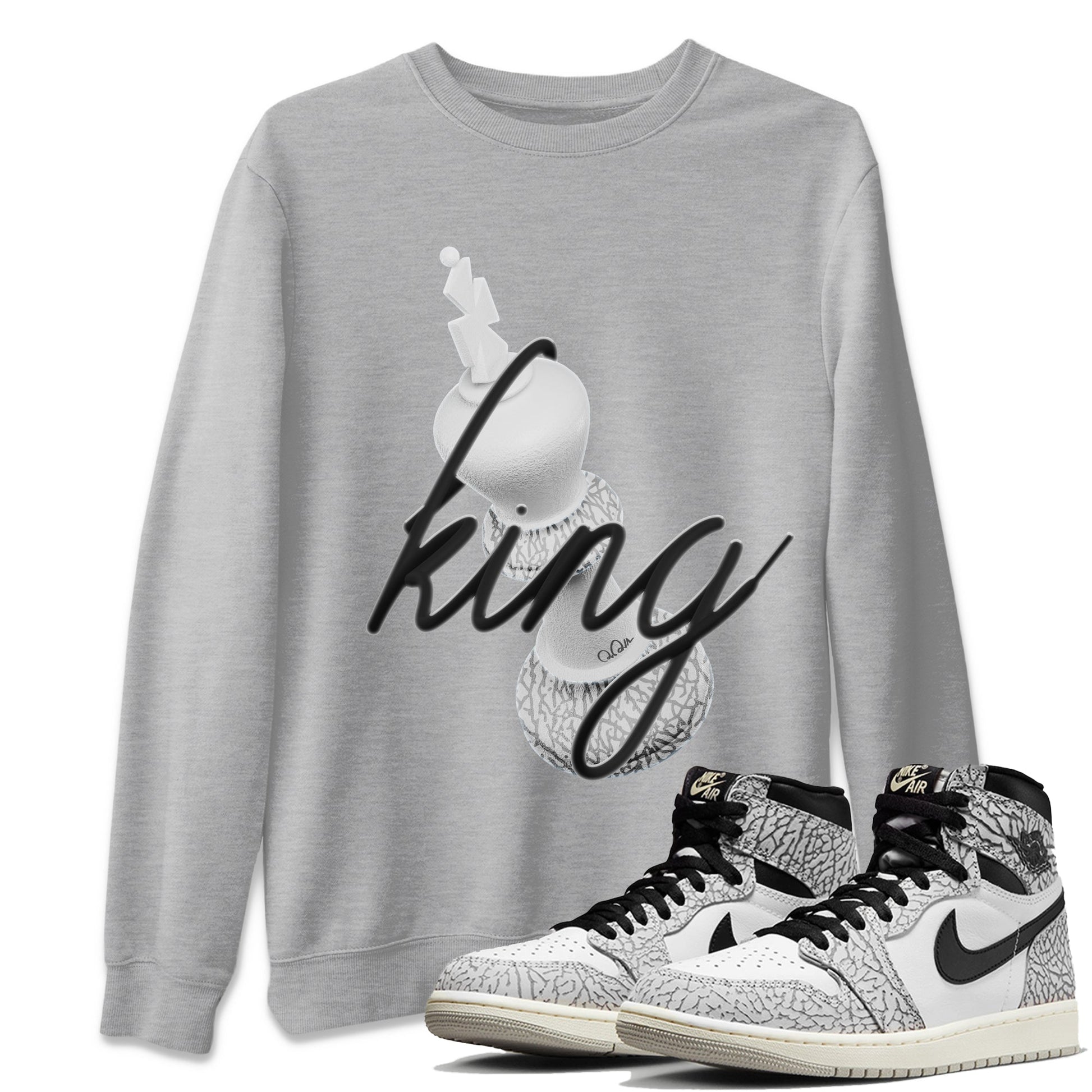 Air Jordan 1 White Cement Sneaker Match Tees 3D King Sneaker Tees AJ1 White Cement Sneaker Release Tees Unisex Shirts Heather Grey 1