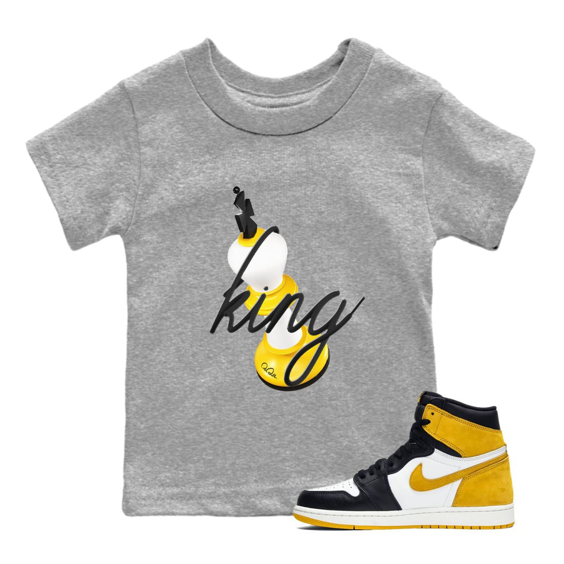 1s Yellow Ochre shirt to match jordans 3D King sneaker tees Air Jordan 1 Yellow Ochre SNRT sneaker release tees baby toddler Heather Grey 1 cotton Shirt