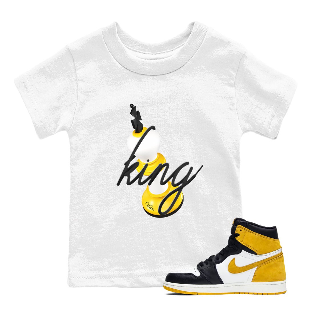 1s Yellow Ochre shirt to match jordans 3D King sneaker tees Air Jordan 1 Yellow Ochre SNRT sneaker release tees baby toddler White 1 cotton Shirt