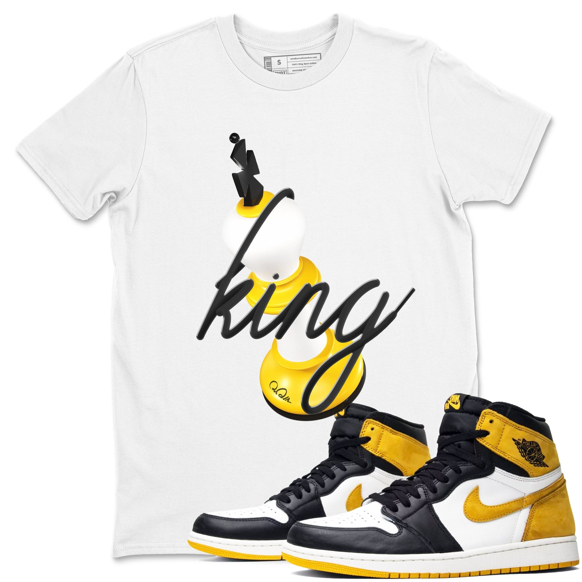 1s Yellow Ochre shirt to match jordans 3D King sneaker tees Air Jordan 1 Yellow Ochre SNRT Sneaker Release Tees unisex cotton White 1 crew neck shirt