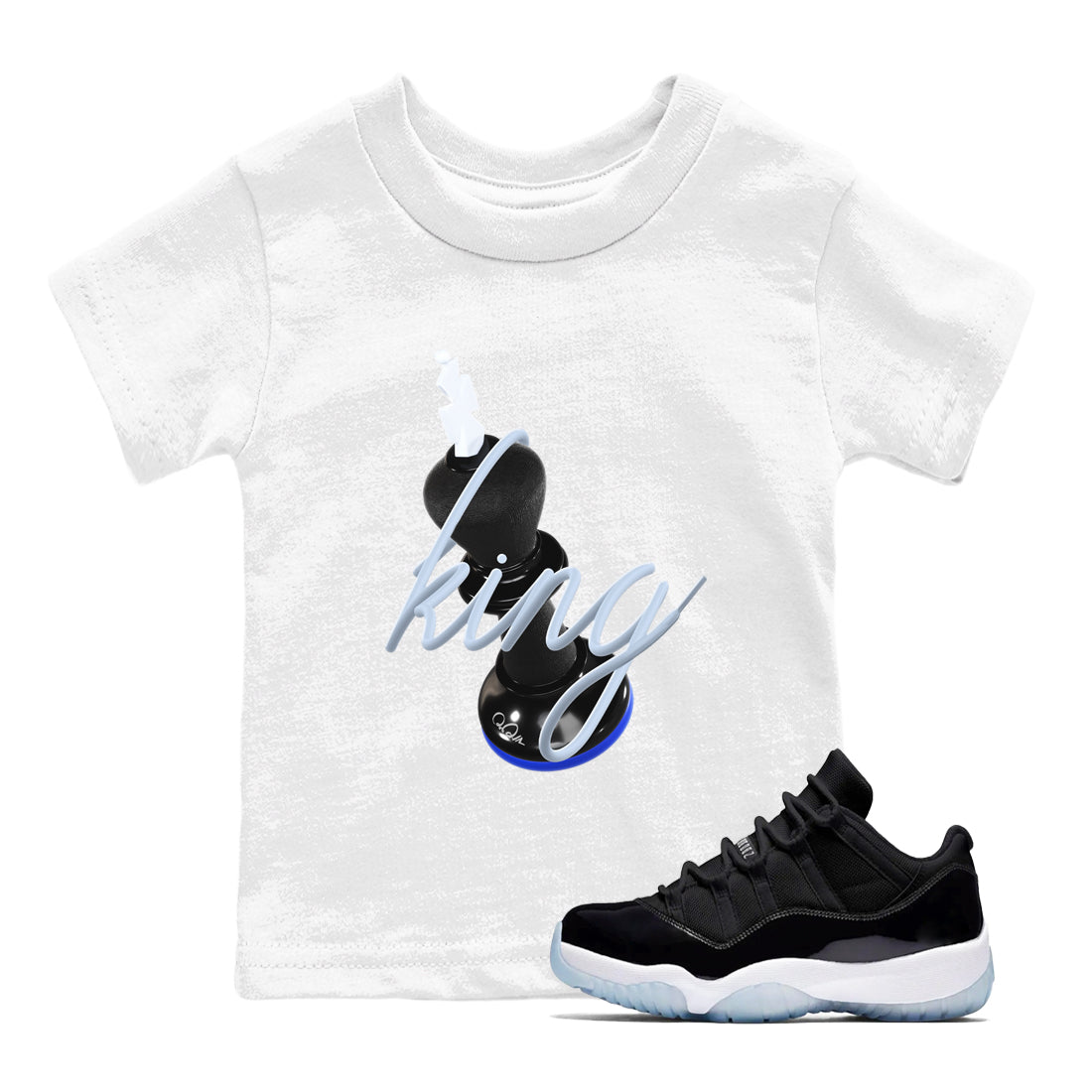 Air Jordan 11 Space shirt to match jordans 3D King sneaker tees AJ11 Black and Varsity Royal SNRT sneaker release tees baby toddler White 1 cotton Shirt
