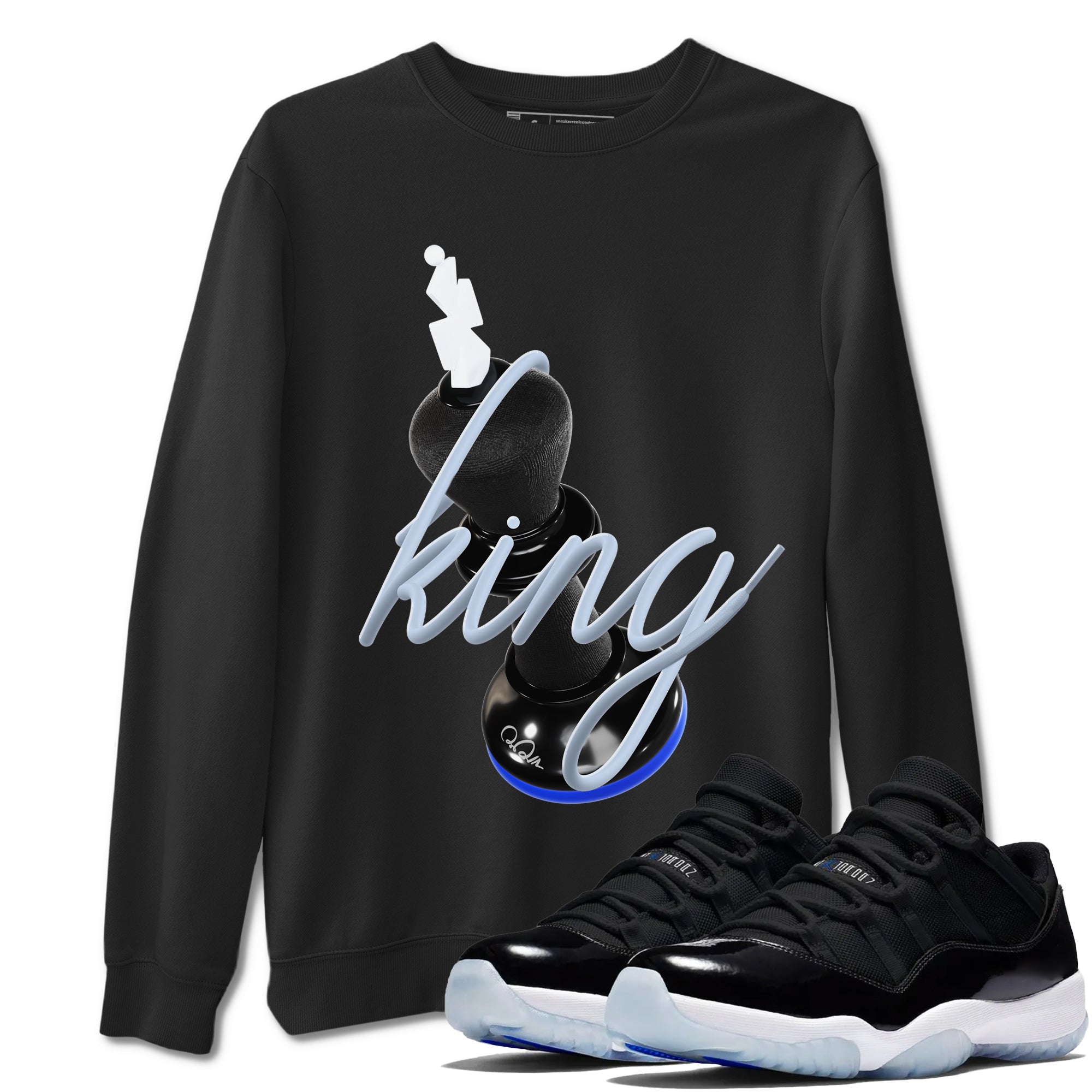 Air Jordan 11 Space shirt to match jordans 3D King sneaker tees AJ11 Black and Varsity Royal SNRT Sneaker Release Tees unisex cotton Black 1 crew neck shirt