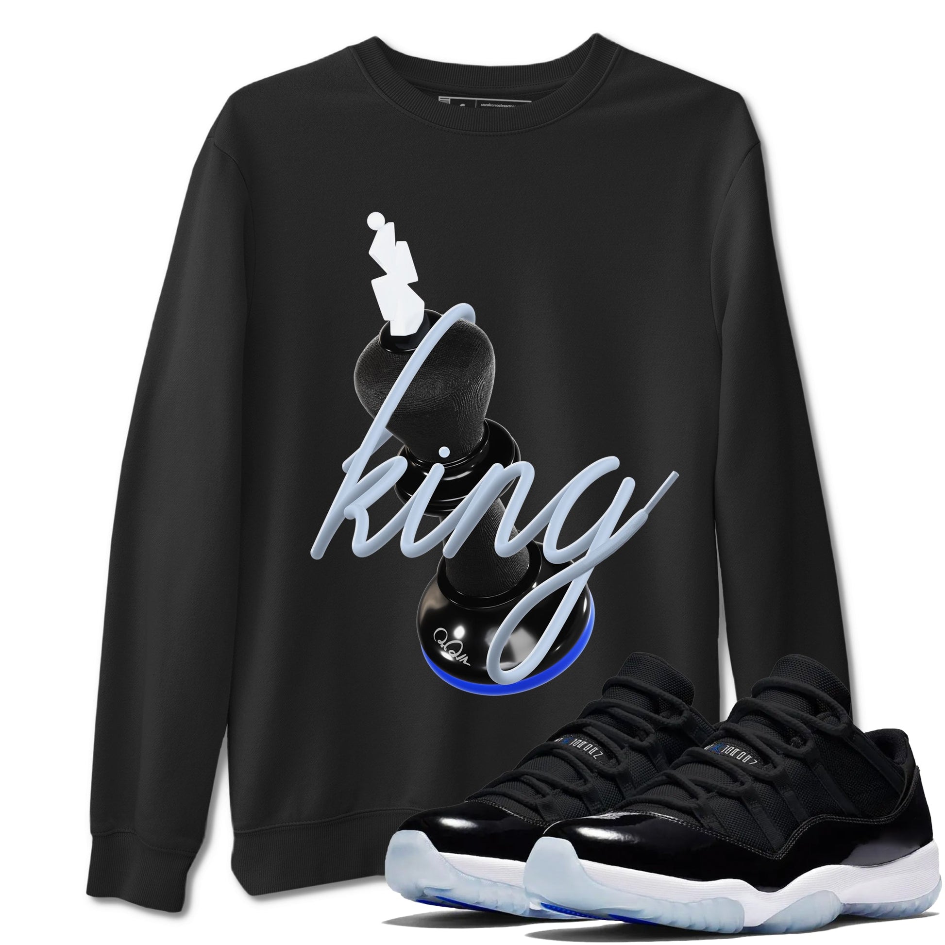 Air Jordan 11 Space shirt to match jordans 3D King sneaker tees AJ11 Black and Varsity Royal SNRT Sneaker Release Tees unisex cotton Black 1 crew neck shirt