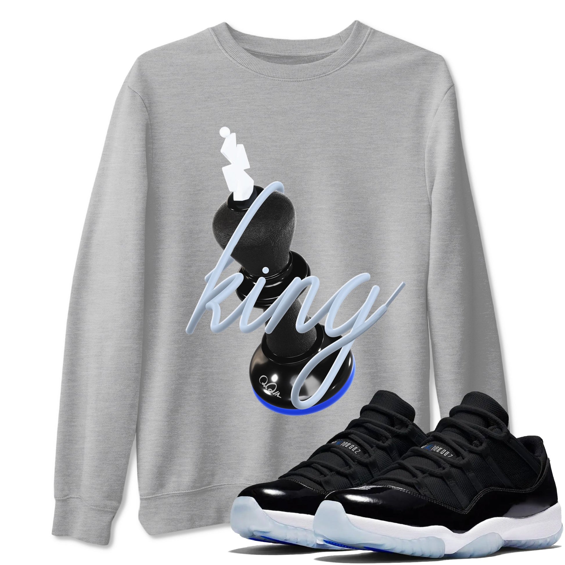 Air Jordan 11 Space shirt to match jordans 3D King sneaker tees AJ11 Black and Varsity Royal SNRT Sneaker Release Tees unisex cotton Heather Grey 1 crew neck shirt