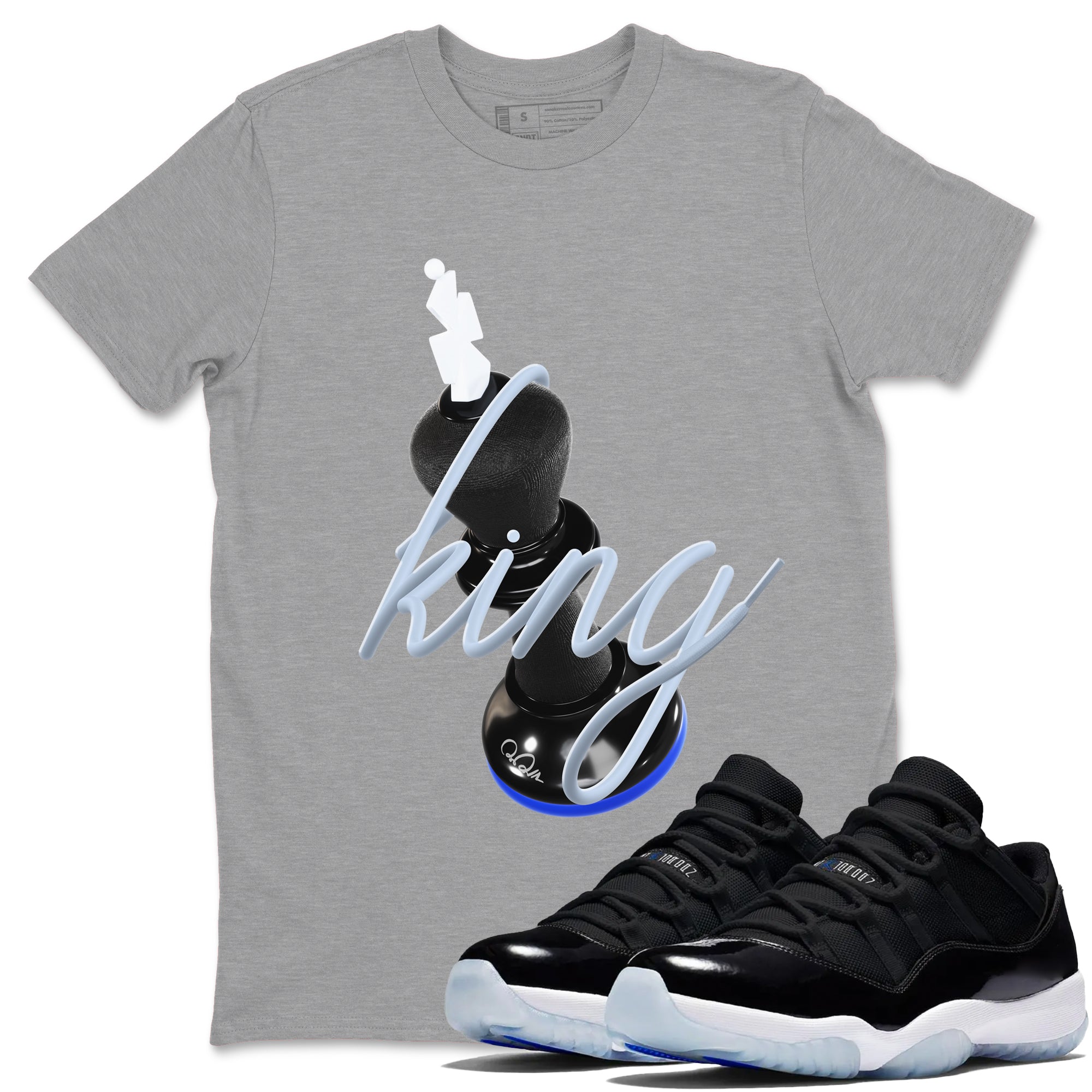 Air Jordan 11 Space shirt to match jordans 3D King sneaker tees AJ11 Black and Varsity Royal SNRT Sneaker Release Tees unisex cotton Heather Grey 1 crew neck shirt