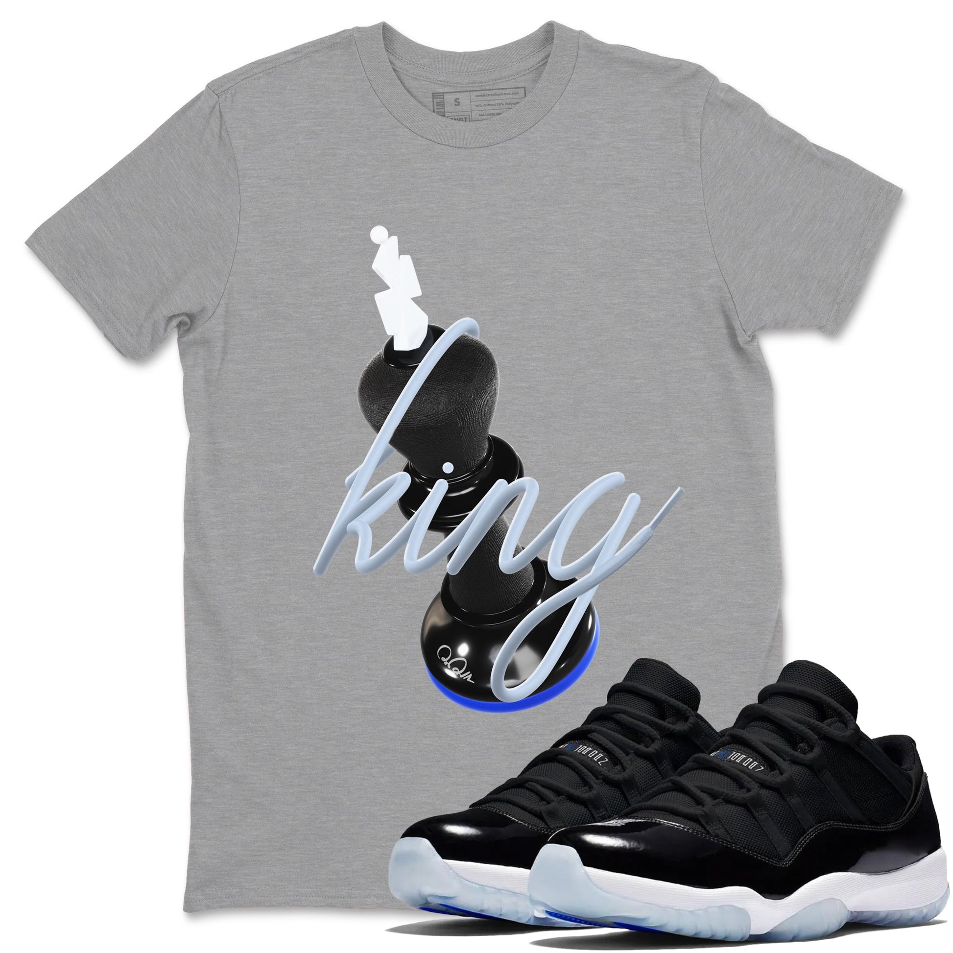 Air Jordan 11 Space shirt to match jordans 3D King sneaker tees AJ11 Black and Varsity Royal SNRT Sneaker Release Tees unisex cotton Heather Grey 1 crew neck shirt