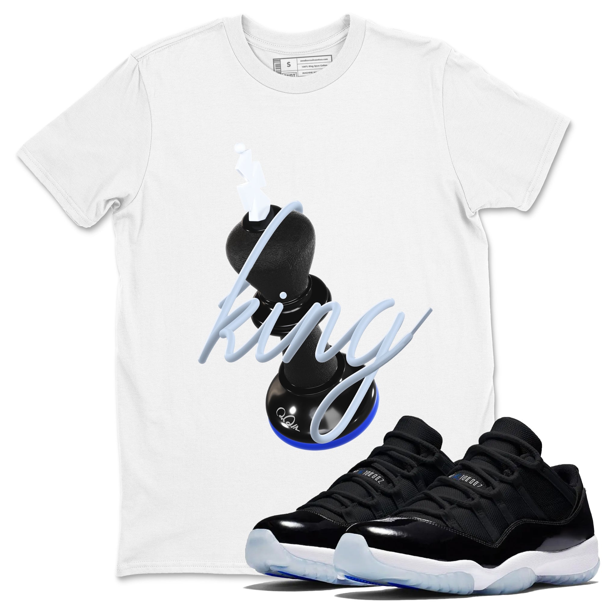 Air Jordan 11 Space shirt to match jordans 3D King sneaker tees AJ11 Black and Varsity Royal SNRT Sneaker Release Tees unisex cotton White 1 crew neck shirt