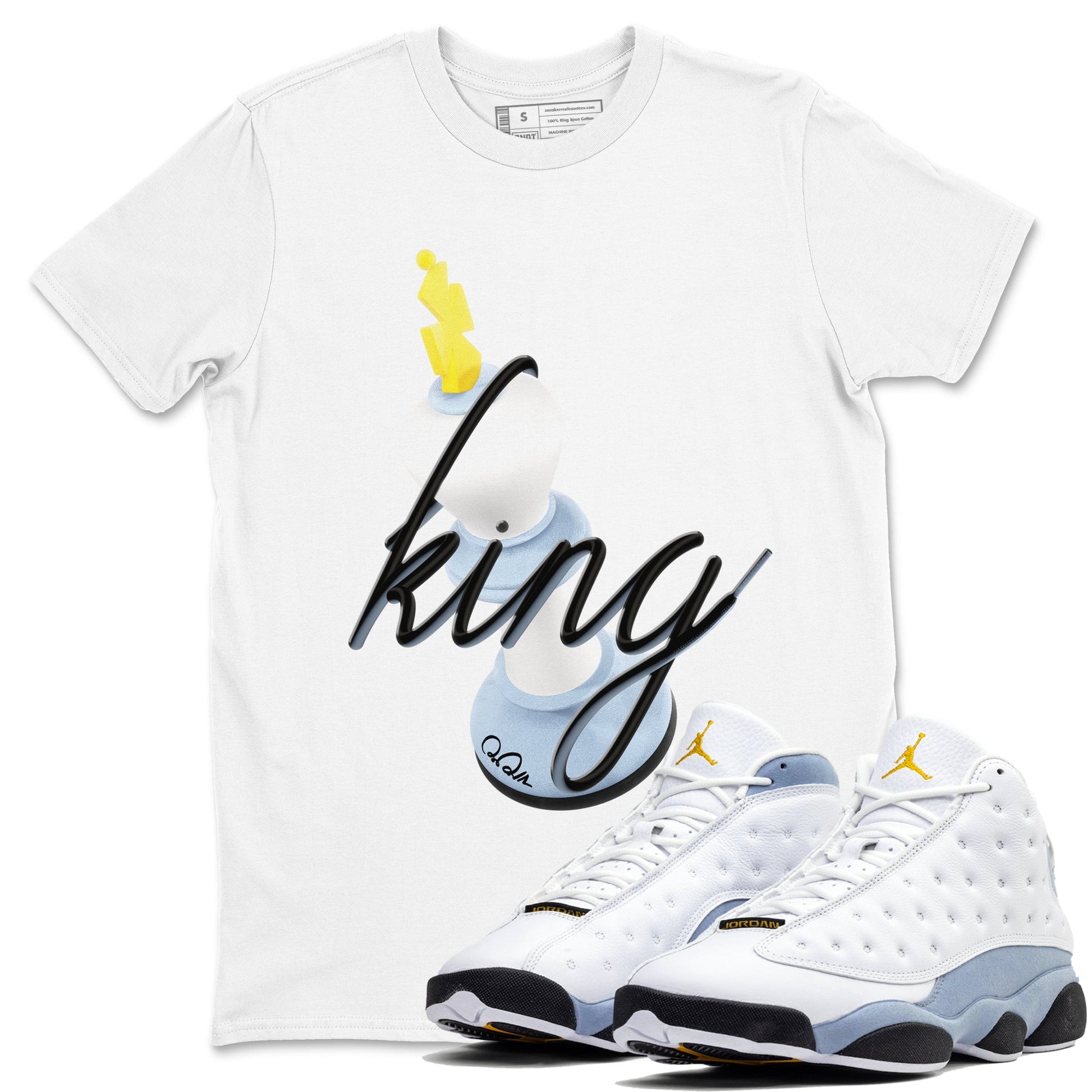 Air Jordan 13 Blue Grey shirt to match jordans 3D King sneaker tees AJ13 Blue Grey SNRT Sneaker Release Tees unisex cotton White 1 crew neck shirt